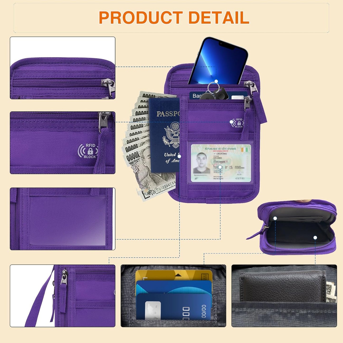 RFID Blocking Neck Wallet Small Crossbody Bag Travel Passport Holder Slim Minimalist Design Security Neck Pouch