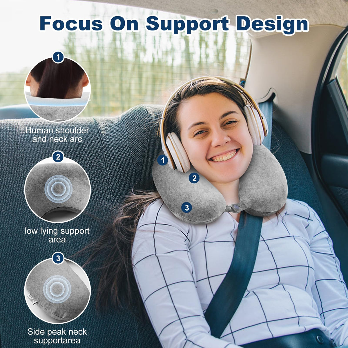 GDEOUP Travel Pillow 100% Pure Comfortable U Shape Memory Foam Pillows Neck and Head Support
