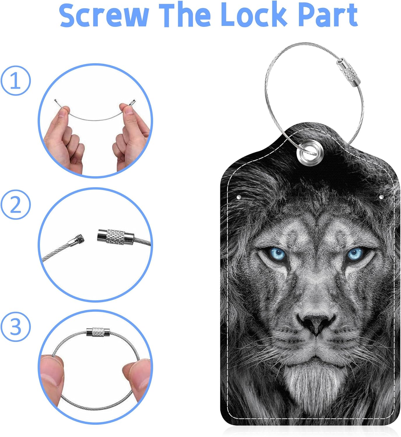 Set of 2 Luggage Tags Fierce Lion with Glowing Blue Eyes Leather Suitcases Tag with Privacy Cover Stainless Steel Loop and Address Card for Women Men Travel