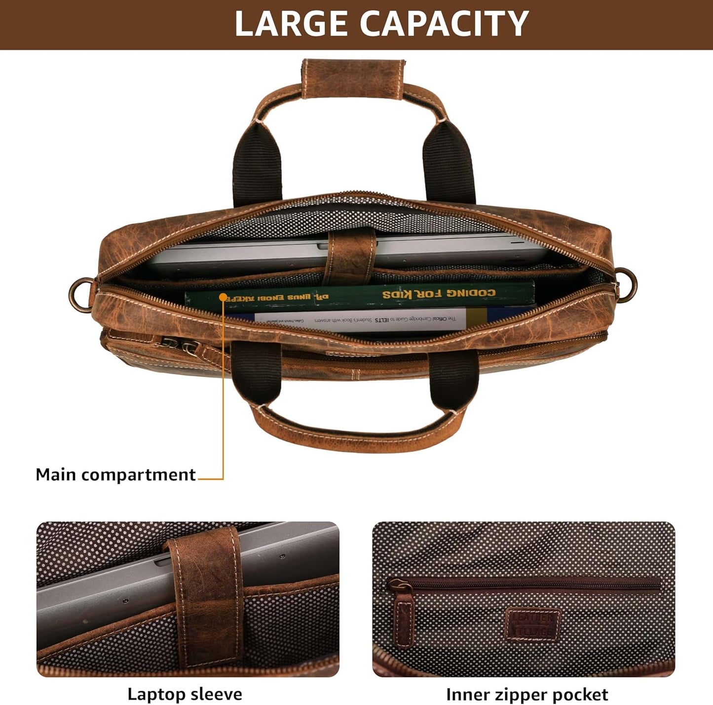LEATHER VILLAGE 16" Leather Laptop Messenger Briefcase Bag for Men-Leather Satchel for Travel and Office Shoulder Bag- Sun Tan Brown