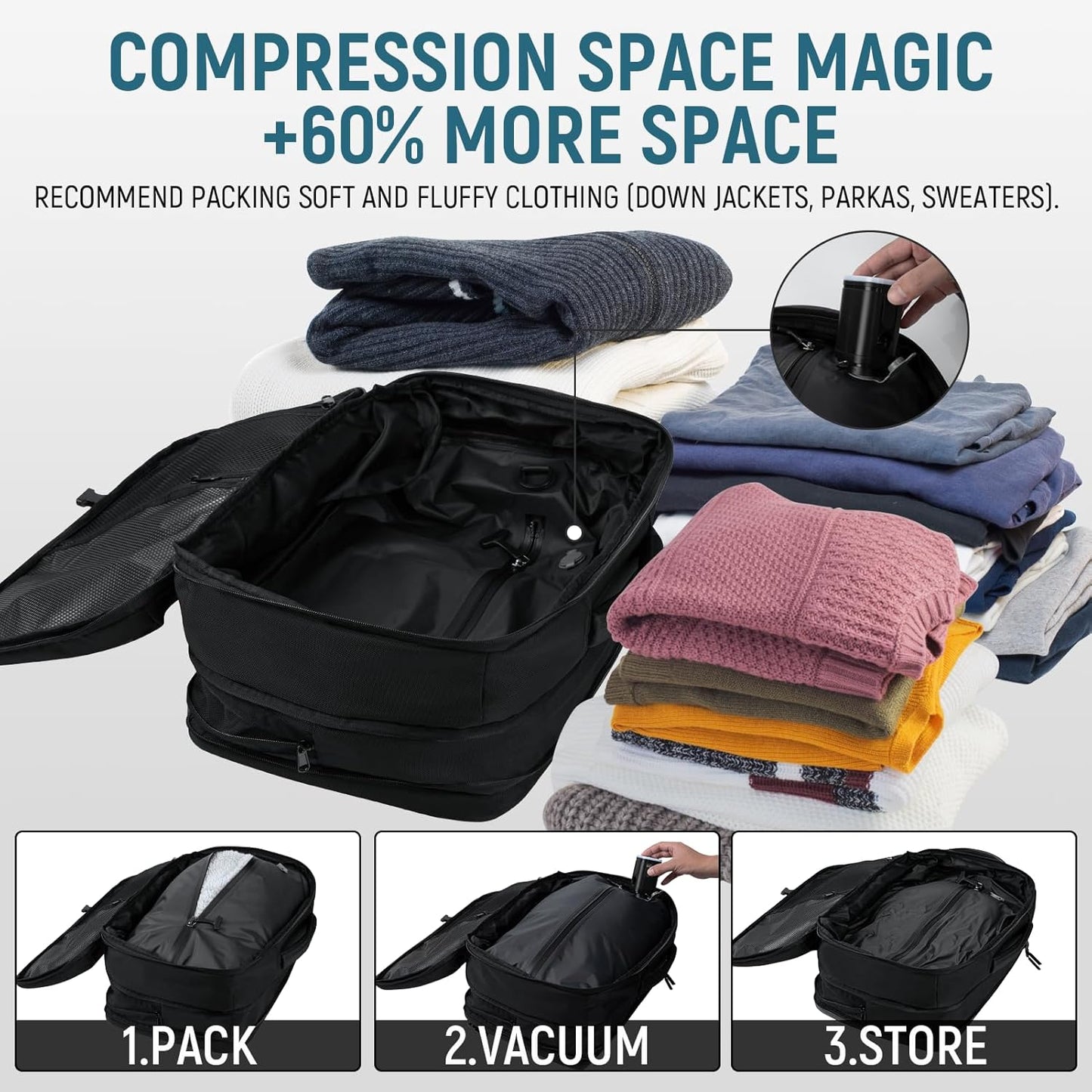 Dinictis Vacuum Seal Backpack 60L with Pump, Expandable Backpack with Vacuum Compression fits 17 inch Laptop, Waterproof Carry On Suitcase Luggage suit for Short Trip and Business-Black