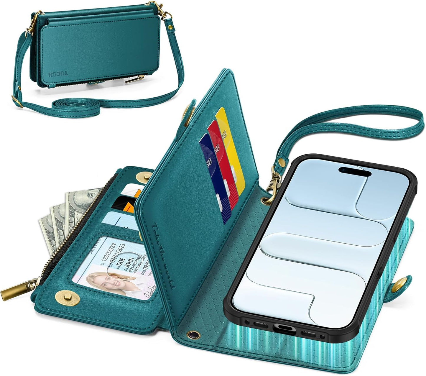 TUCCH Detachable Crossbody Wallet Case for iPhone Air (6.5"), 9 Card Holders RFID Blocking | Lanyard | Wrist Strap | Wireless Charging | Zipper Pocket | PU Leather | Stand Flip Cover | Bluish Green