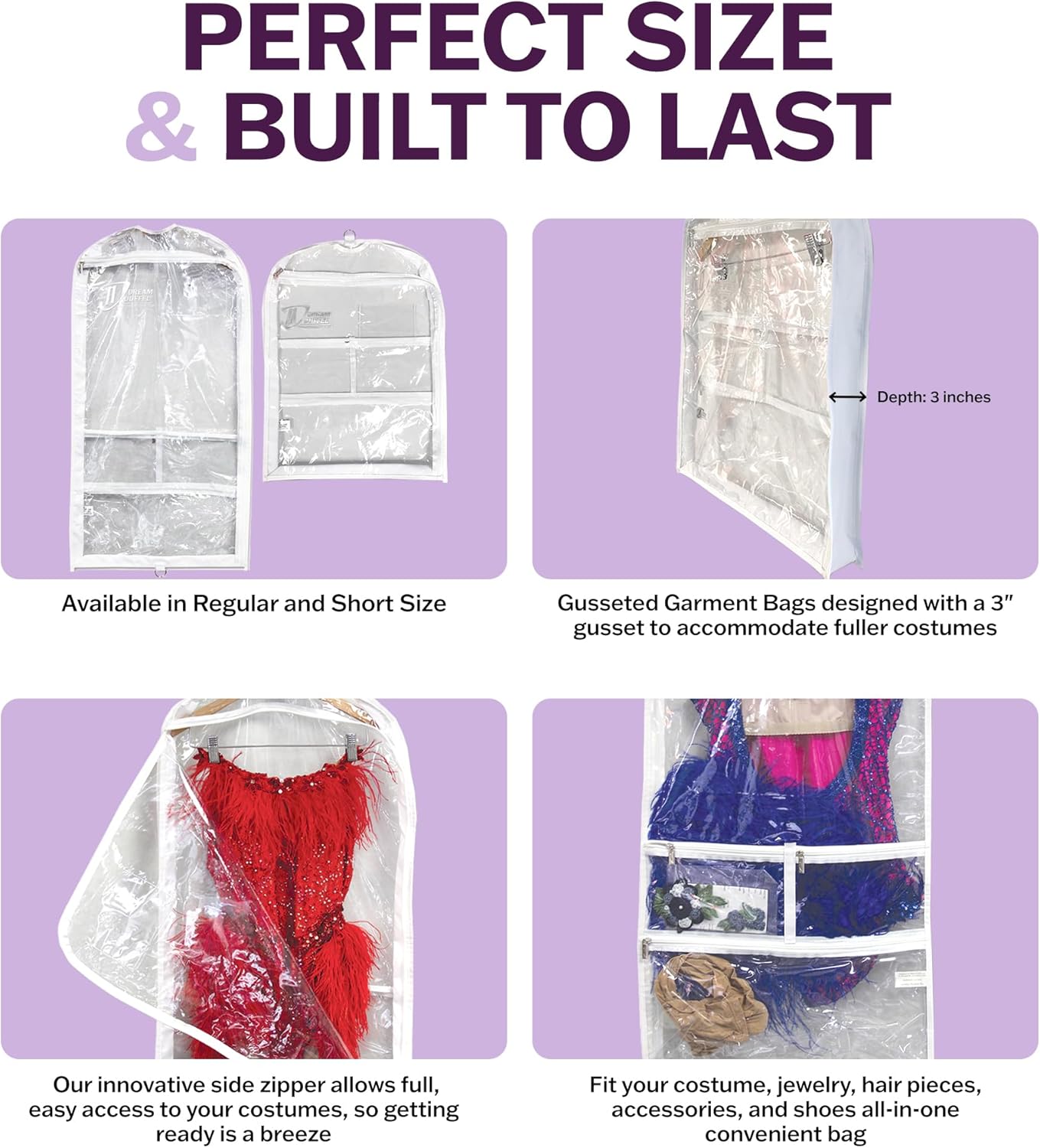 Clear Garment Bags for Dance Costumes 3-Pack, Gusseted, Short-Size, Side Zipper Entry, Storage Pockets for Accessories, 24”x18”x2”, Dream Duffel