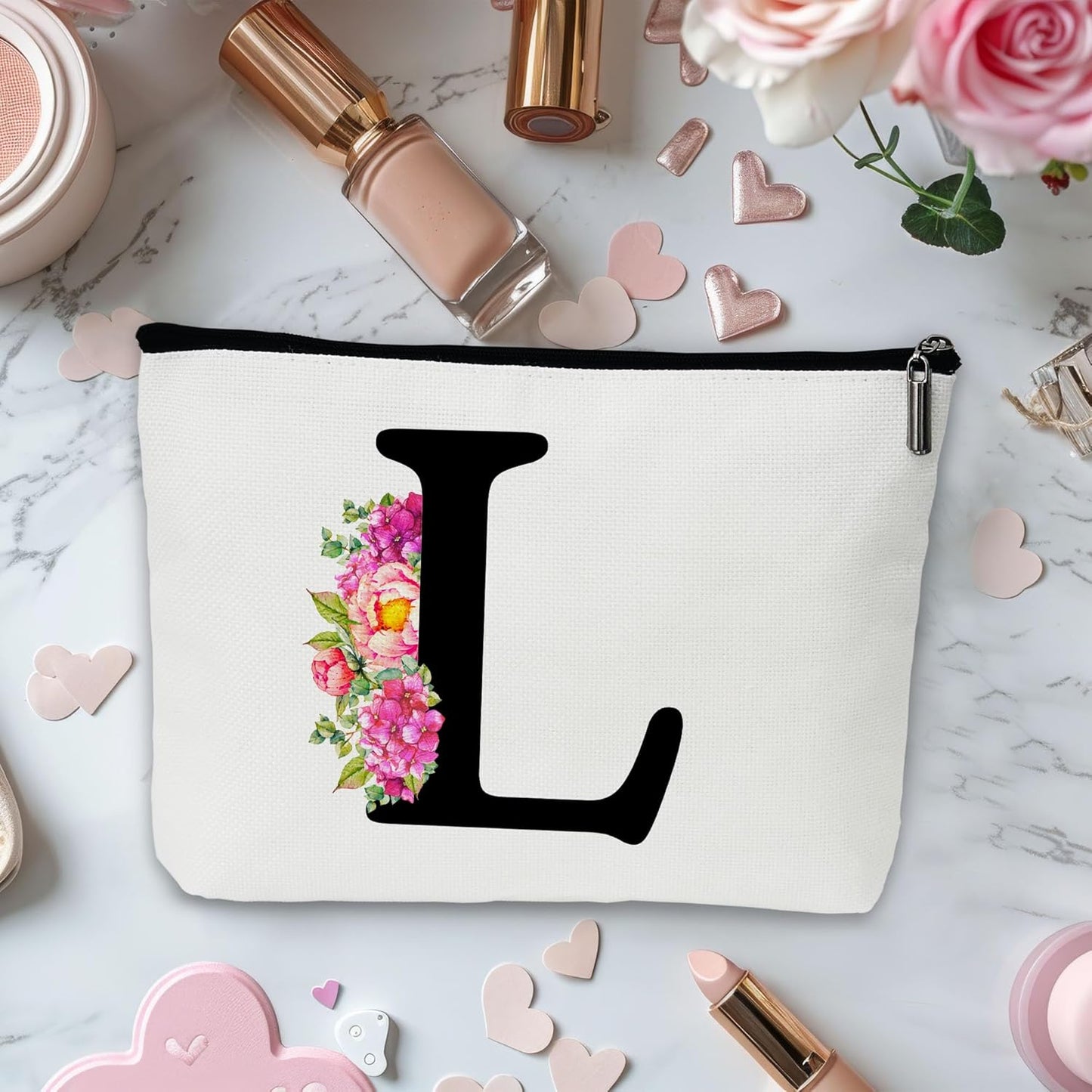Personalized Letter L Makeup Bag for Women, Birthday Gifts for Mom, Small Zipper Pouch for Purse, Christmas Bridesmaid Friendship Gifts for Sister Daughter, Girls Weekend Gifts for Women-A12