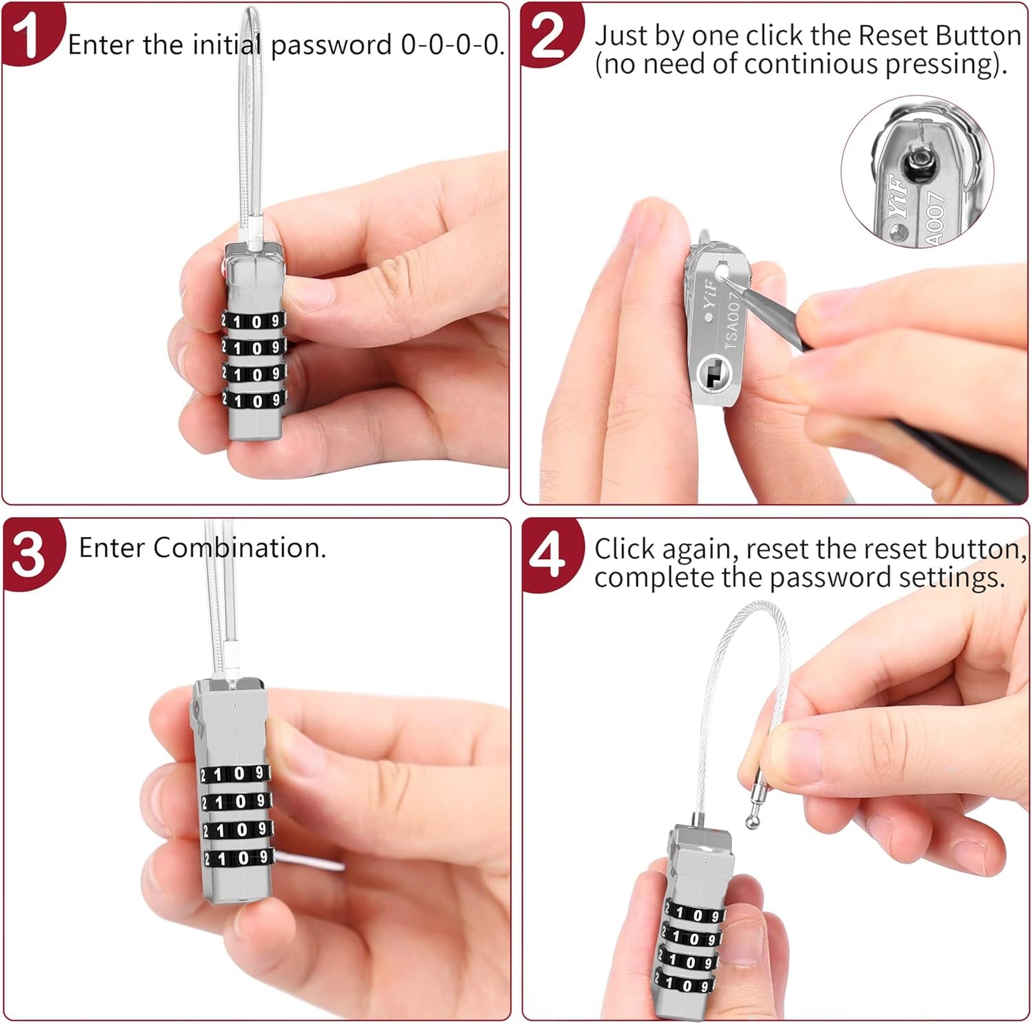 TSA Approved Locks for Luggage, 2 Pack Combination Travel Steel Cable Lock, Re-settable 4 Digit Padlocks with Inspection Indicator, Alloy Body Keyless Padlock for Lockers, Backpacks, Bags - Silver