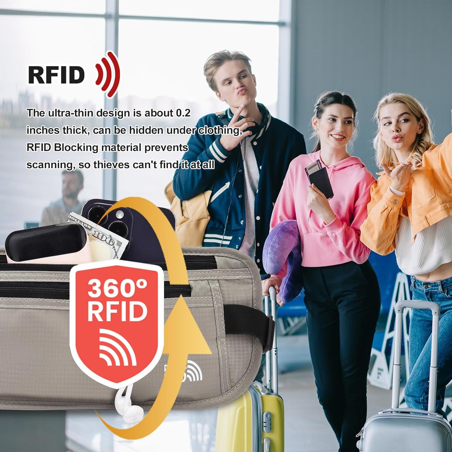 Unisex Money Belt with RFID Blocking Sleeves, Slim Passport Holder RFID Blocking Travel Essentials, Waist Pouch to Protect Cash, Light Grey & 6 Sleeves