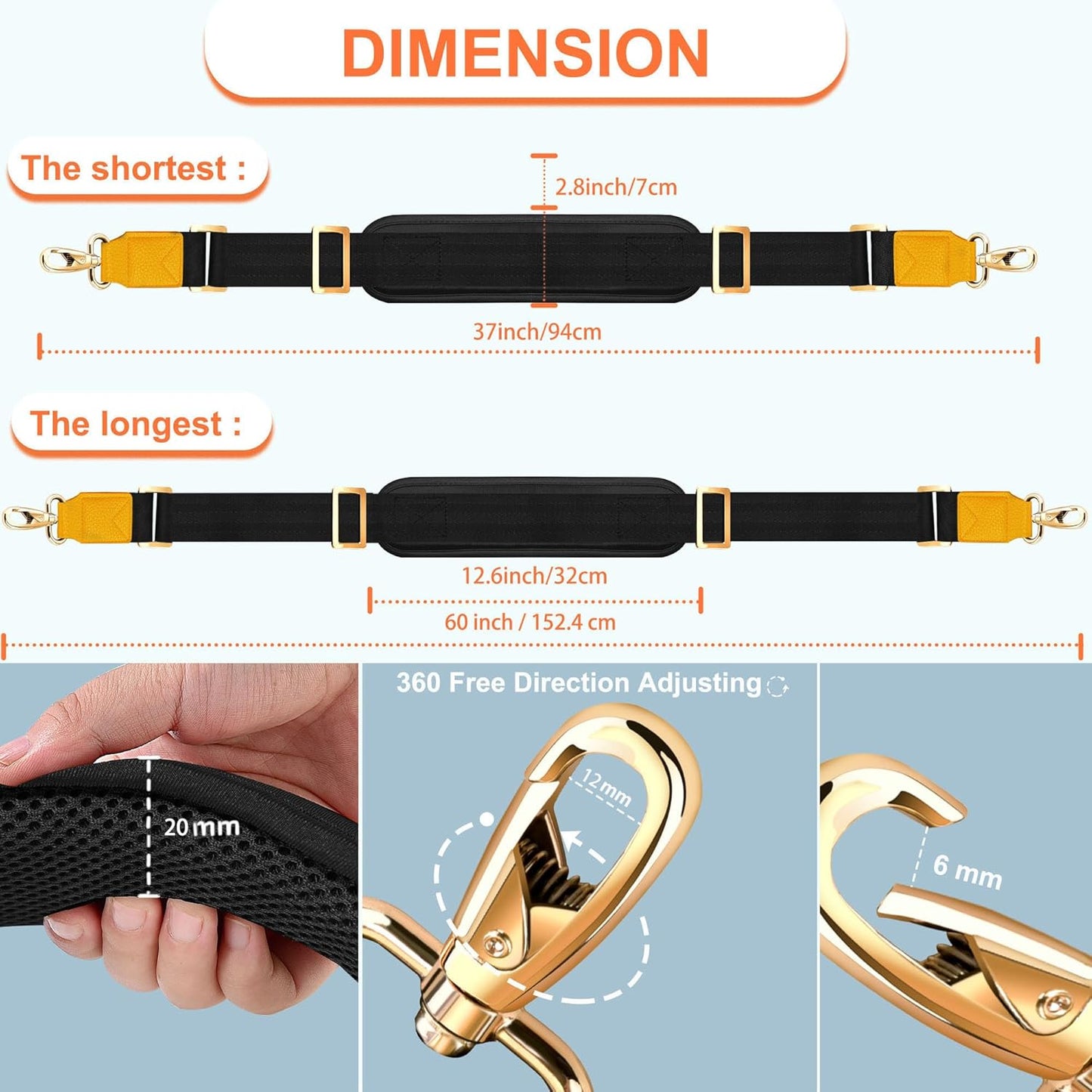 ZINZ 60" Universal Strap with Ultra-thick Fixed Breathable Pad - Adjustable Heavy-duty Shoulder Strap for Laptop, Crossbody Luggage, Gym Bag, Camera Bag and More - Black, Yellow
