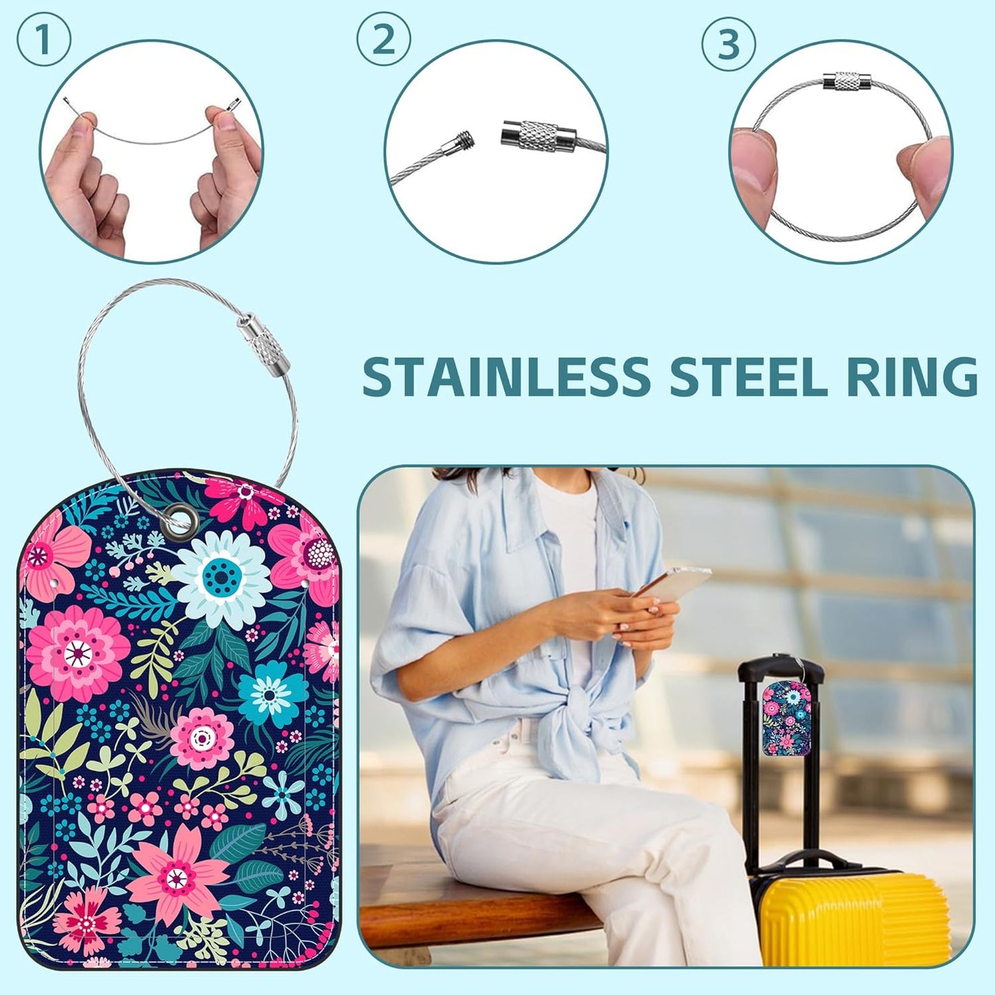 2 Pack Cute Luggage Tag for Suitcases Beautiful Flower Leather Luggage Tags with Stainless Steel Loop Privacy Flap Name Tags,Men and Women Travel Bag Suitcase Tags