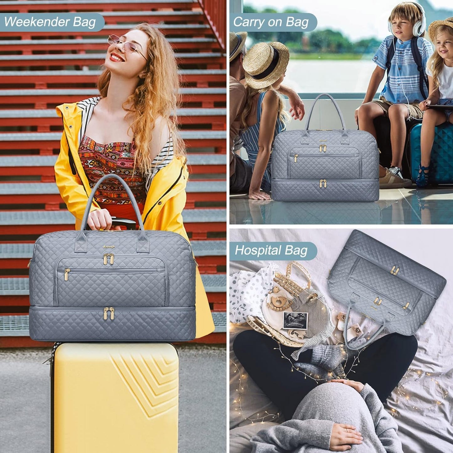 Large Women Travel Duffle Bag, Weekender Bags for Women with Shoe Compartment, Carry on Overnight Bag with Toiletry Bag, Gym Duffel Bag with Wet Pocket, Hospital Bags for Labor and Delivery 3 PCS Set