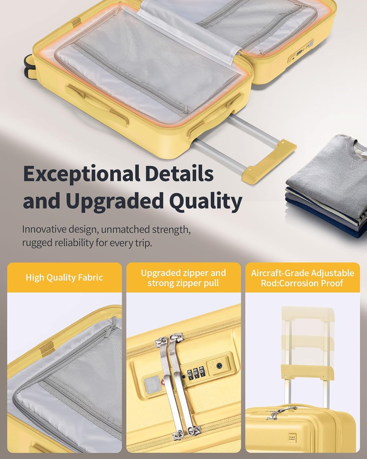 20 IN Carry On Luggage 22x14x9 Airline Approved - Front Pocket Hardside Travel Suitcase Unbreakable -with Cup Holder,Charging Port,Side Pothook, 360°Spinner Wheels, TSA Lock-Yellow