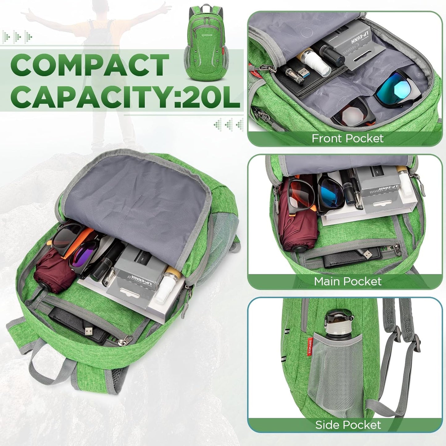 ZOMAKE Ultra Lightweight Packable Backpack 20L,Small Foldable Backpacks Hiking Water Resistant Collapsible Daypack for Women Men(Dark Green-A2)
