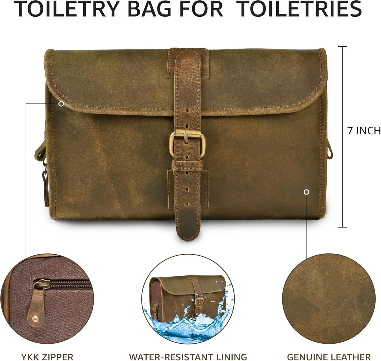 LEATHER VILLAGE Hanging Leather Toiletry Bag for Men & Women, Handcrafted Vintage Cosmetic & Shaving Organizer Travel Dopp Kit Shower Bag - Mud