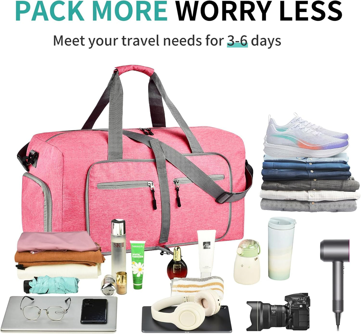 Dimayar 85L Travel Duffle Bag for Men Women - Foldable Duffel Bag with Shoes Compartment - Overnight Bags Waterproof & Tear Resistant(Pink)