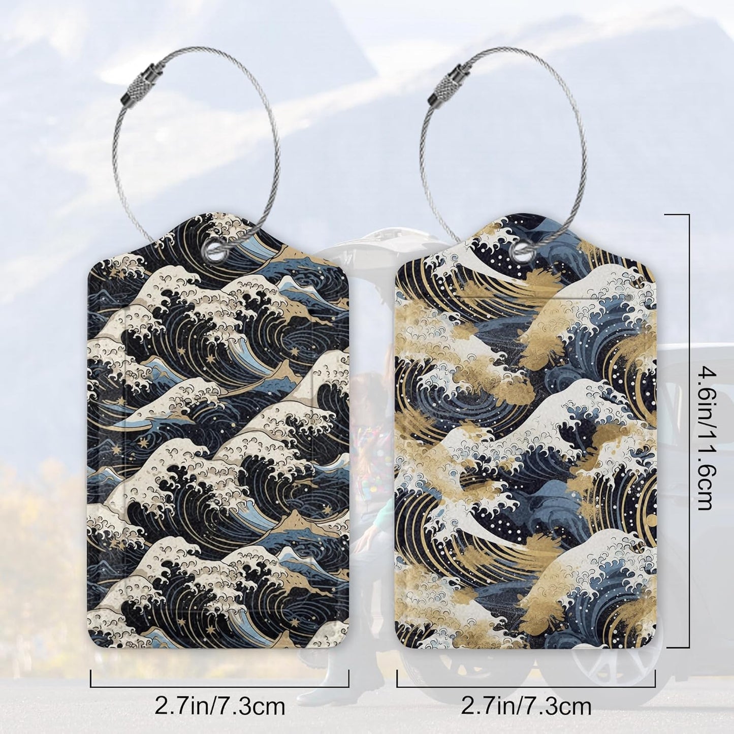 Set of 2 Japanese Art Blue and White Waves Luggage Tags for Suitcases, Japanese Waves Blue and White Gold Leaf Leather Suitcase Tag Name Identifiers Labels for Travel Bag Baggage Backpack