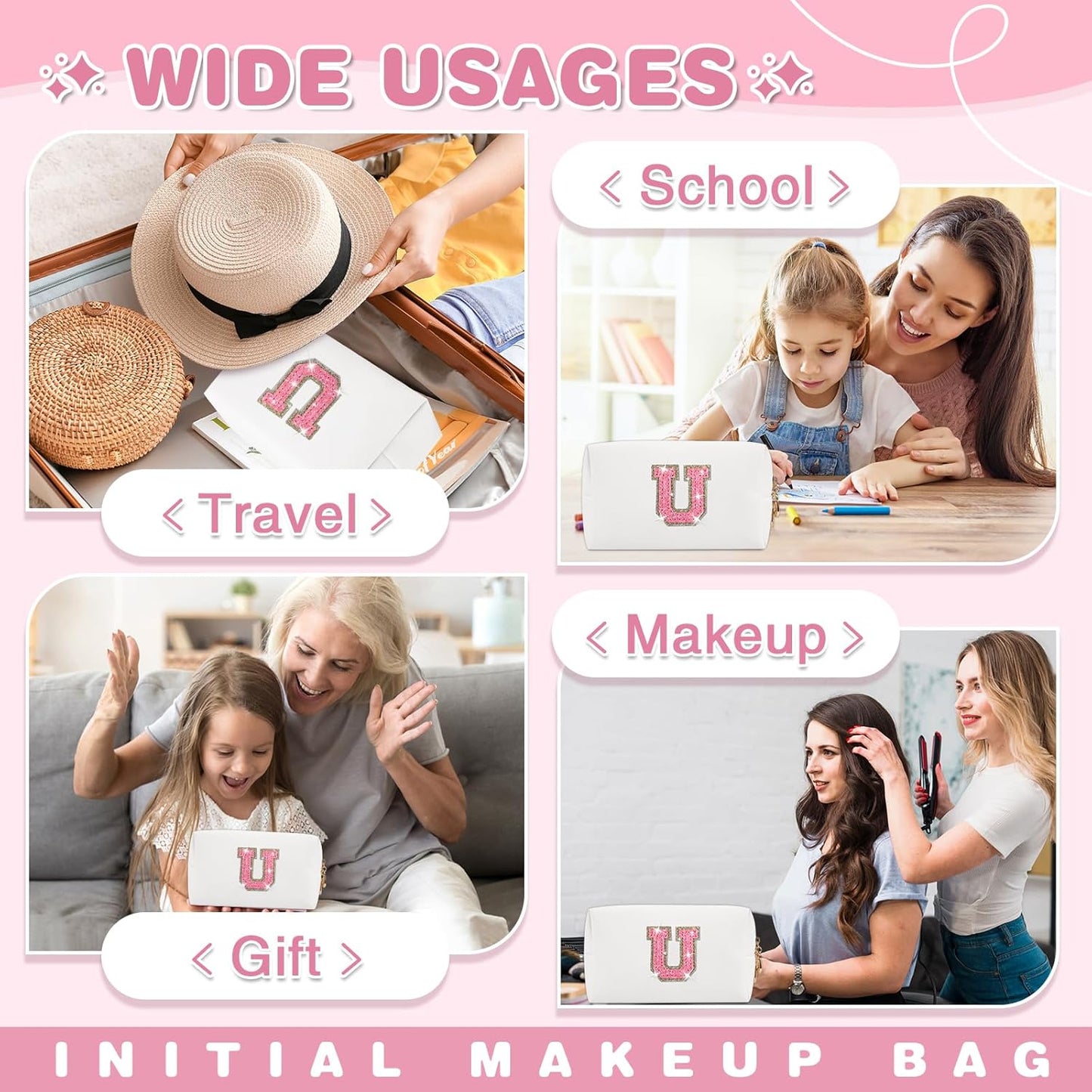 Small Initial Patch Makeup Bag Personalized Gifts Make Up Bag,White Cute PU Leather Glitter Letter Cosmetic Bag with Zipper,Trendy Portable Travel Toiletry Pouch,Preppy Stuff for Teen Girls Women U
