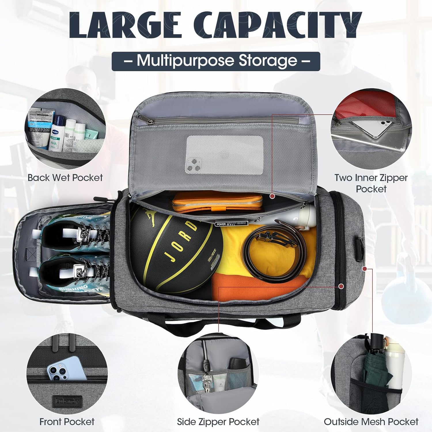 IGOLUMON Gym Bag for Men 40L Sports Duffel Bags Gym Duffle Bag Women with Shoe Compartment & Wet