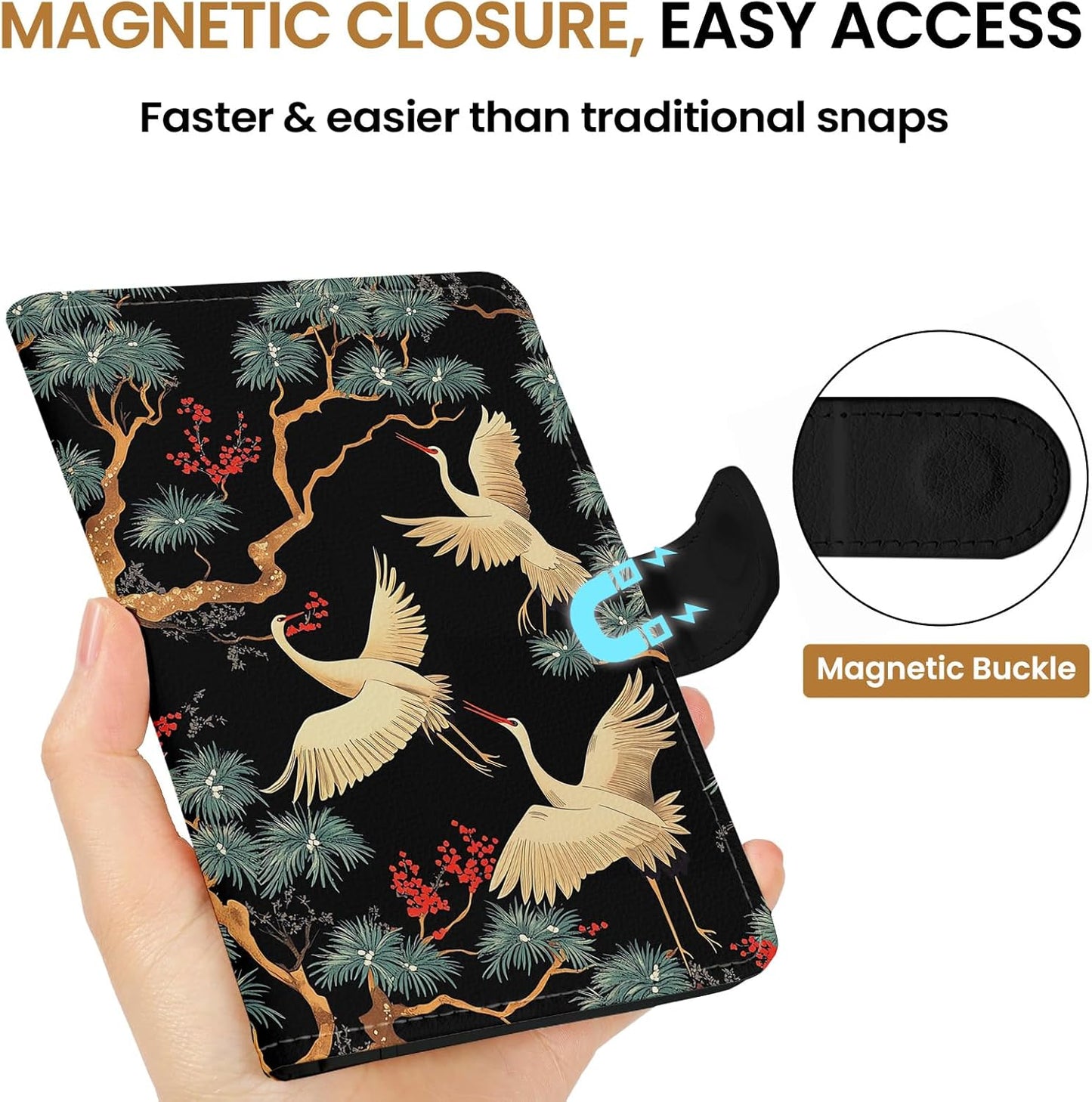 Passport Holder for Travel Essentials, RFID Blocking Leather Cover Wallet with Magnetic Closure, Aesthetic & Cute Passport Book Case for Women and Men - Crane