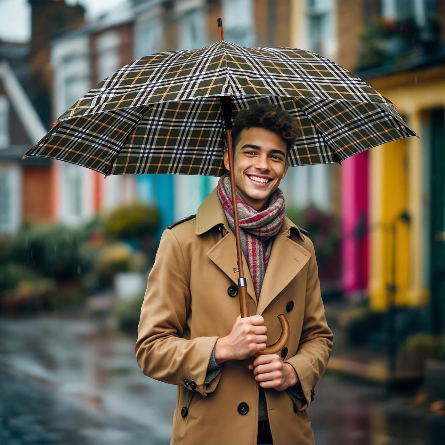 SoulRain 48" Large Umbrella –Windproof Stick Umbrellas for Rain, Automatic Open, Vintage Cane big Umbrella with Classic Wooden Handle,Open for 2 Persons adult,for Women & Men(Green Yellow plaid)