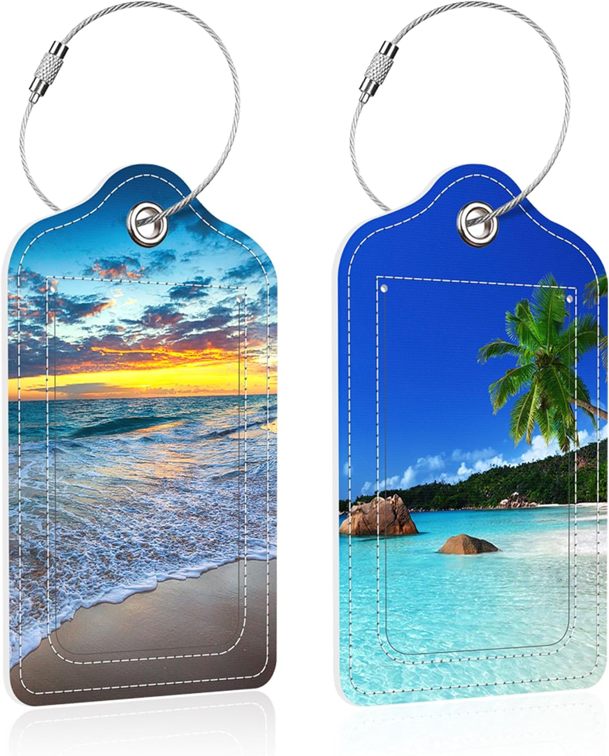 2 Pack Island's Beach Luggage Tag for Suitcase,Sunrise PU Leather Suitcase Tags Identifiers with Privacy Name Address Labels and Steel Loop for Women Men Travel