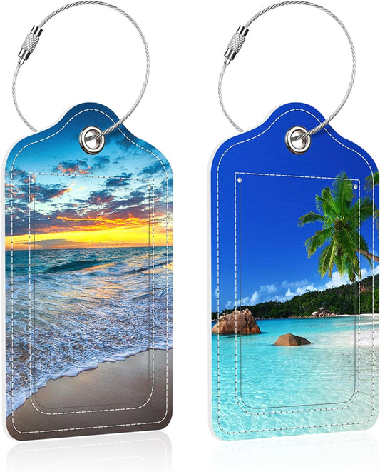 2 Pack Island's Beach Luggage Tag for Suitcase,Sunrise PU Leather Suitcase Tags Identifiers with Privacy Name Address Labels and Steel Loop for Women Men Travel