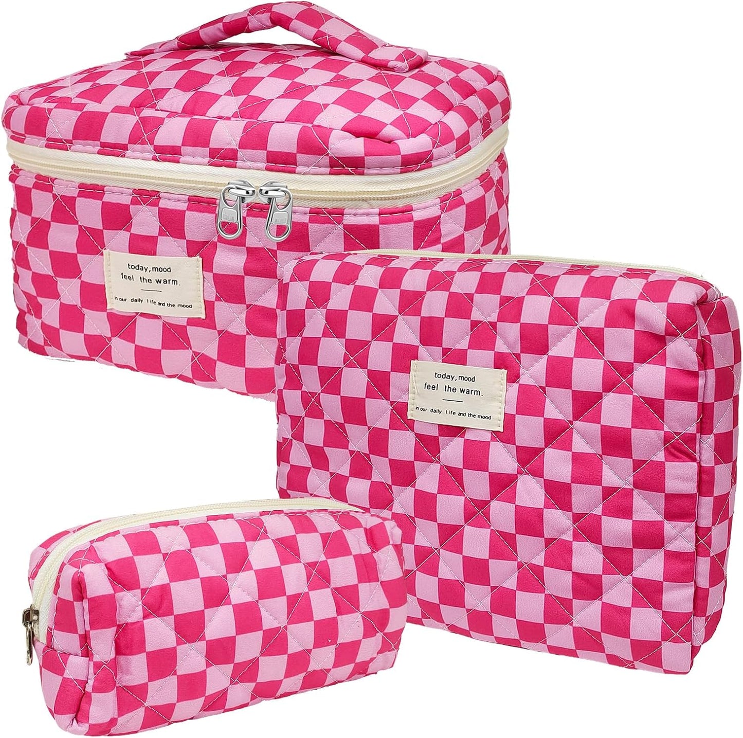 Quilted Makeup Bag, Large Capacity Travel Cosmetic Bag for Women and Girls, Aesthetic Storage for Daily and Travel Use (3pcs-PinkChecker)