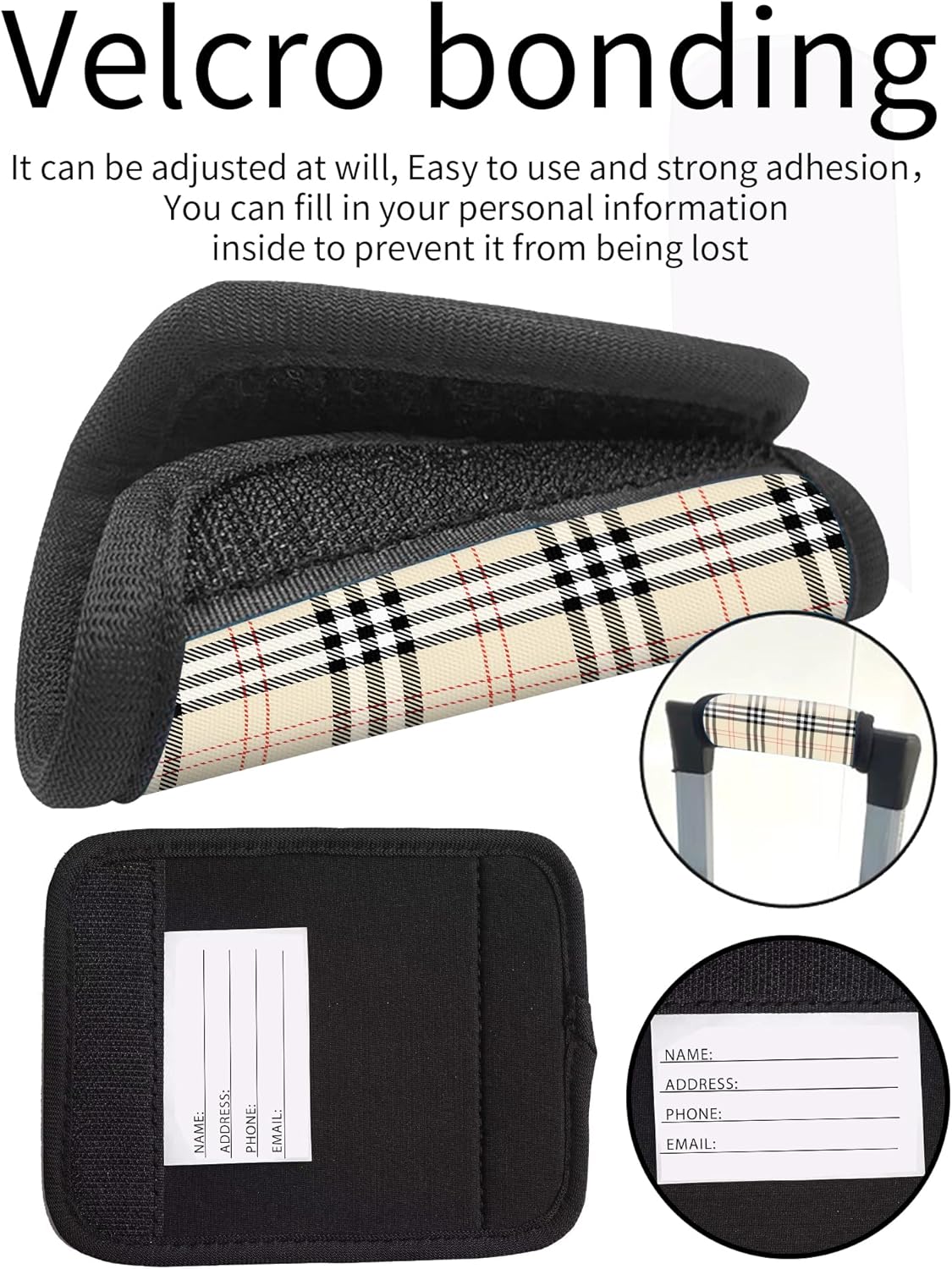 2 Pack Luggage Handle Wrap Travel Tags - Set of Luggage Tags for Suitcases, Identifiers, Marker, and Handle Covers - Cruise Accessories and Travel Gifts（Beige Tartan Plaid