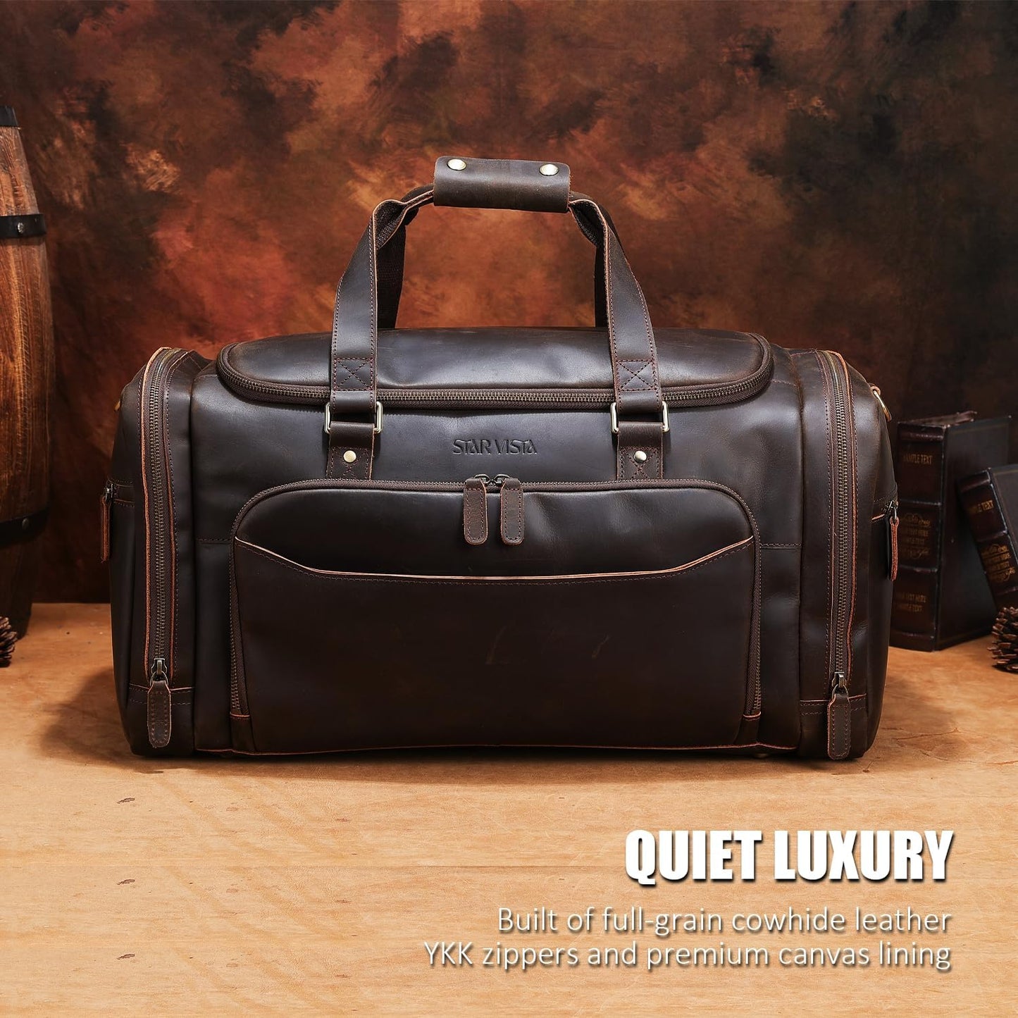 STAR VISTA Voyager-04 Luxury Travel Duffel Bag, Full Grain Cowhide Leather, Premium Canvas Lining, Padded Laptop Compartment, Multiple Pockets, 22 inch Carry-on Size