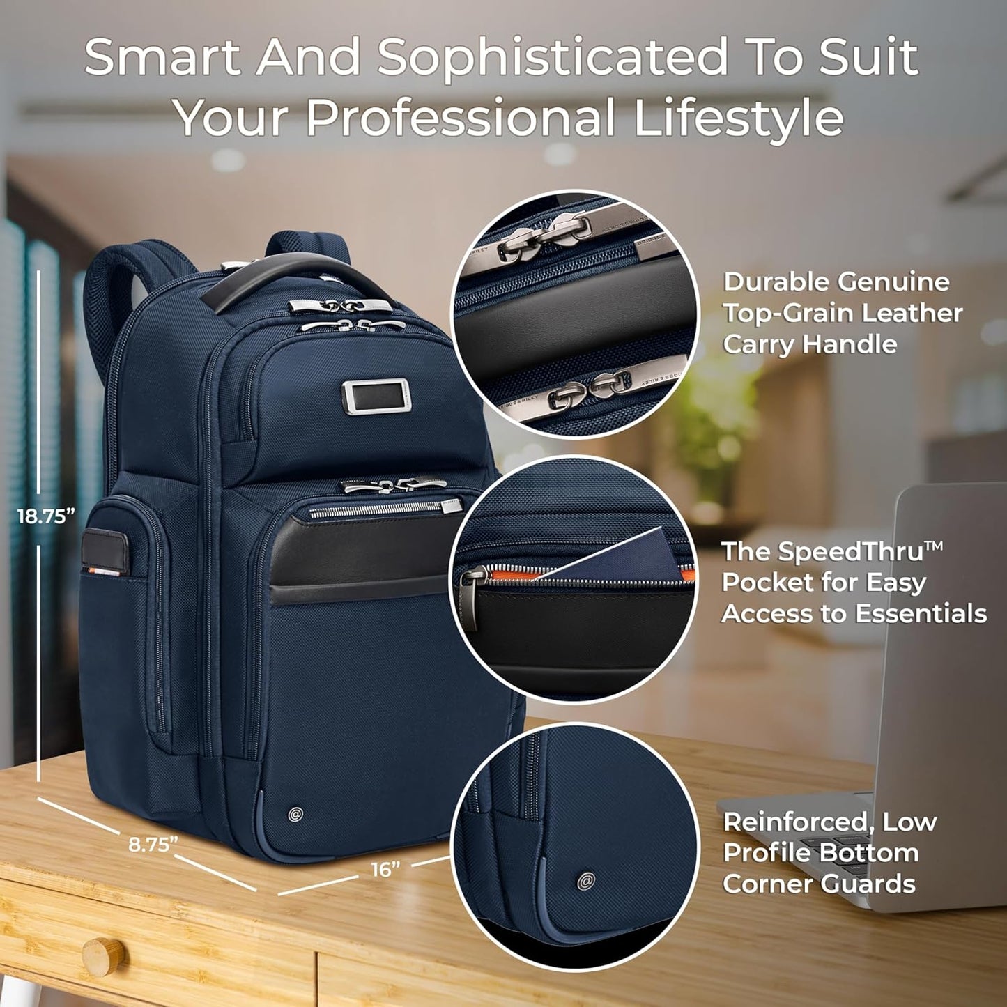 Briggs & Riley Large Cargo Backpack for Women & Men - Laptop Backpack, For Work & Travel, Spacious & Durable, Padded Straps, Fits up to 17" Laptop - @work Collection, Navy