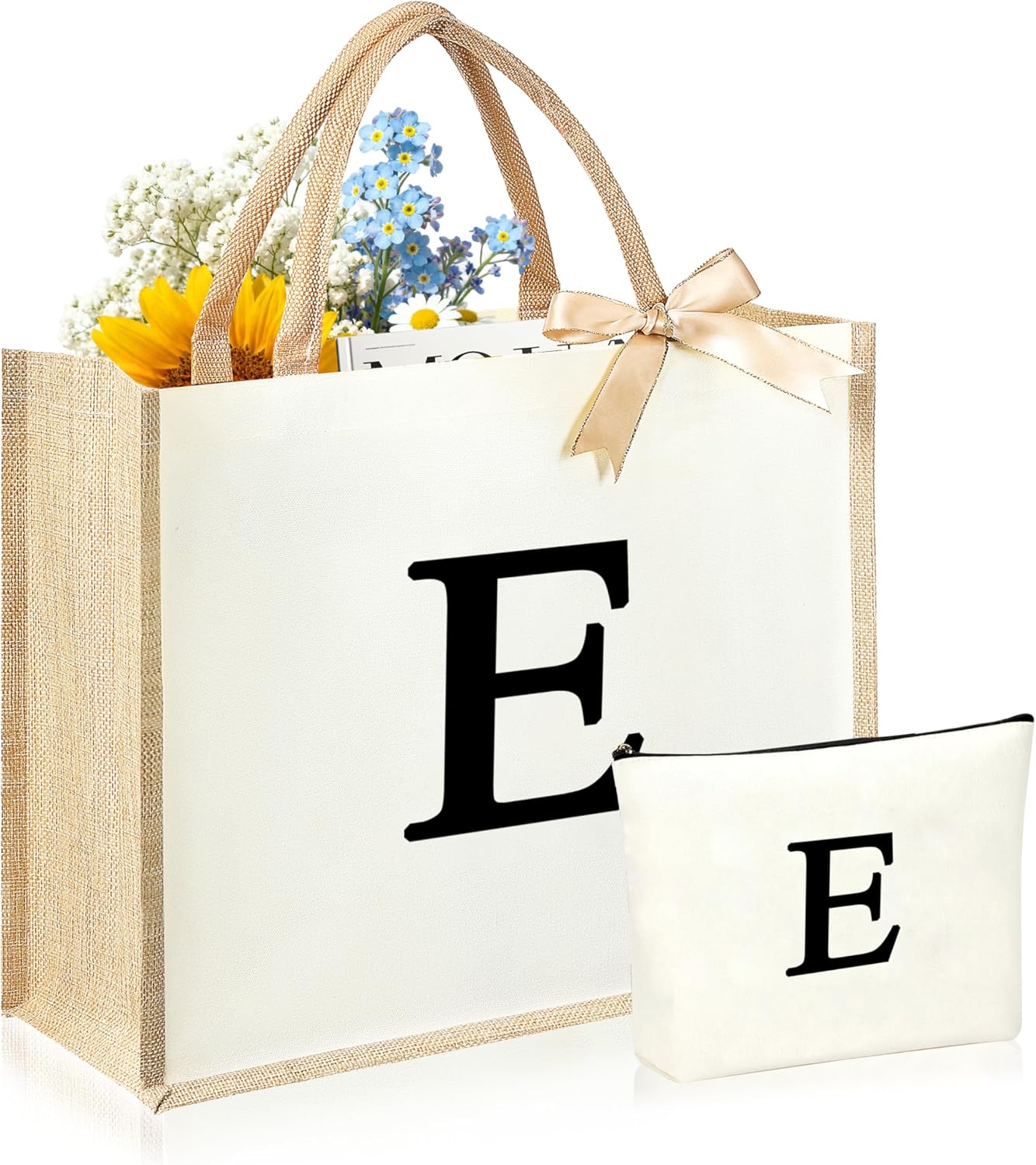 Initial Canvas Tote Bag & Makeup Bag for Women Teacher Bridesmaids，Personalized Present for Wedding, Birthday, Beach