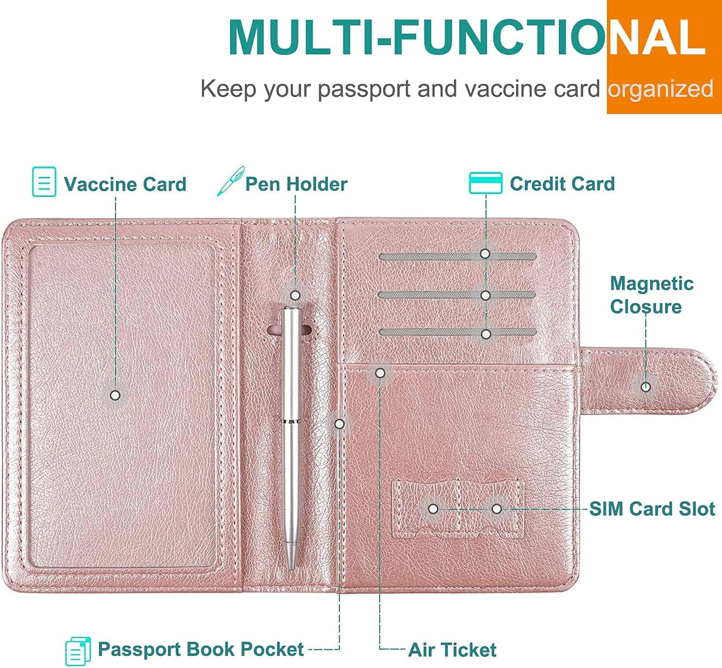 RSAquar Passport and Vaccine Card Holder Combo, Passport Holder Cover Wallet, Leather Card Case Travel Accessories with RFID Blocking for Women and Men, Rose Gold