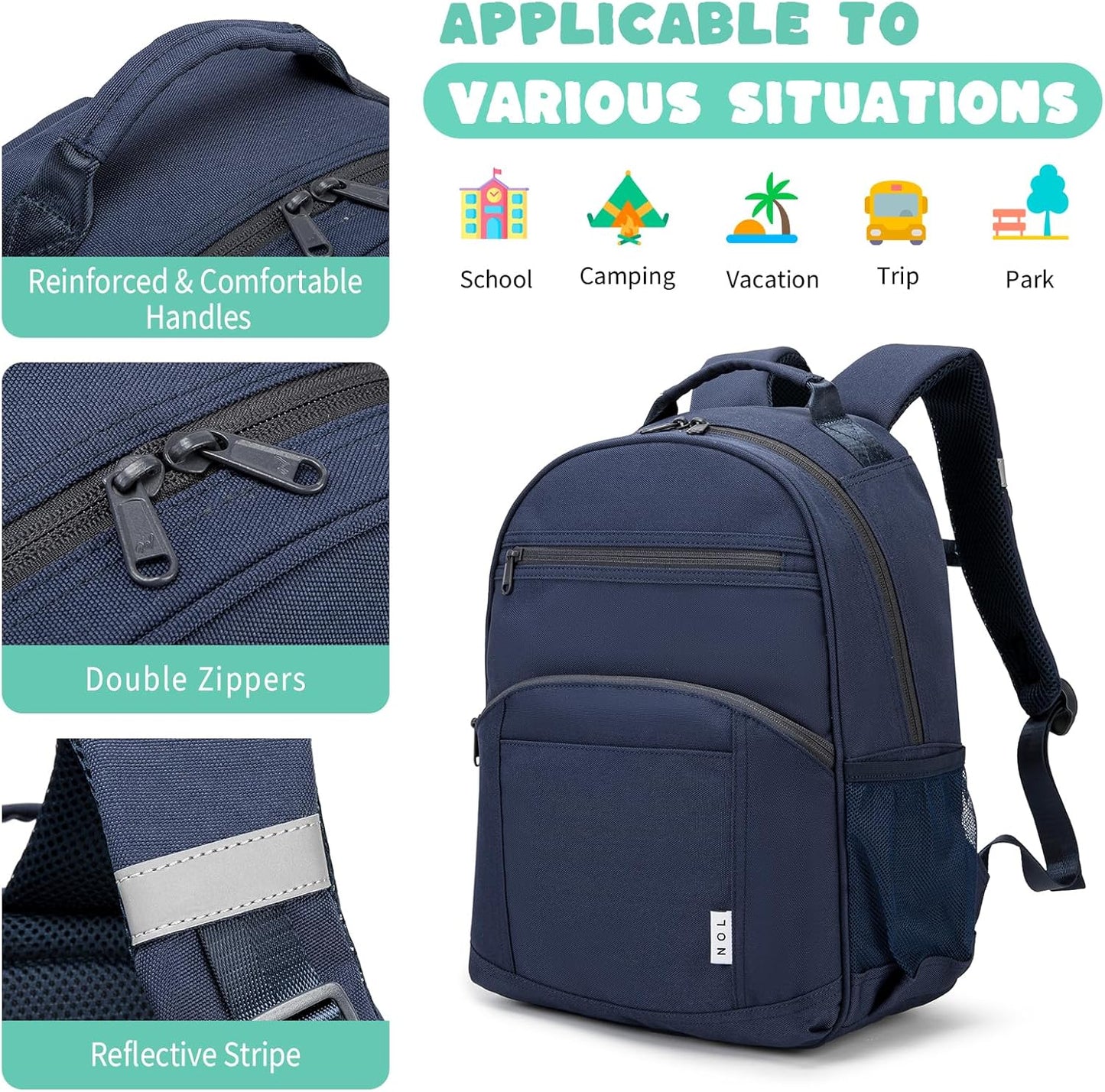 NOL Natural Organic Lifestyle Kids Backpack, School Backpacks for Teens Girls Boys, School Bookbag with Pencil Bag & Reflective Stripe for Elementary School - Navy blue