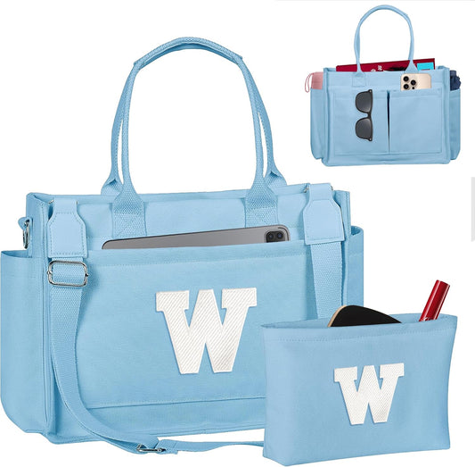 Gifts for Women Teen Girls, Initial Tote Bag with Zipper, Letter Canvas Tote Purse for College Work Laptop Beach