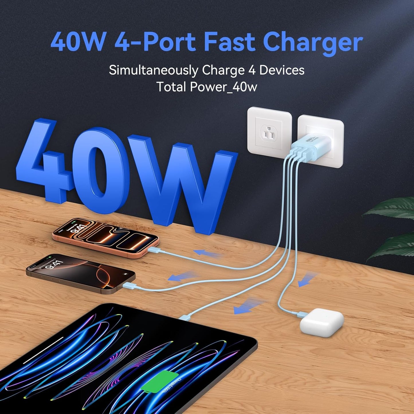 USB C Wall Fast Charger Block, 40W 4-Port Type C Chargers Fast Charging Blocks for Phone 17/16/15/14/13/12 Pro Max, Pad, Galaxy S24/23-2Pack Gradient Blue