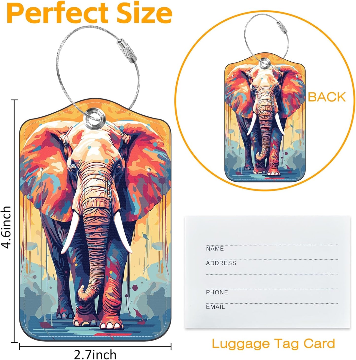Luggage Tags for Suitcase 3 PCS Psychedelic Elephant Leather Travel Luggage Tag with Stainless Steel Loop Name ID Label Privacy Cover for Women Men Travel