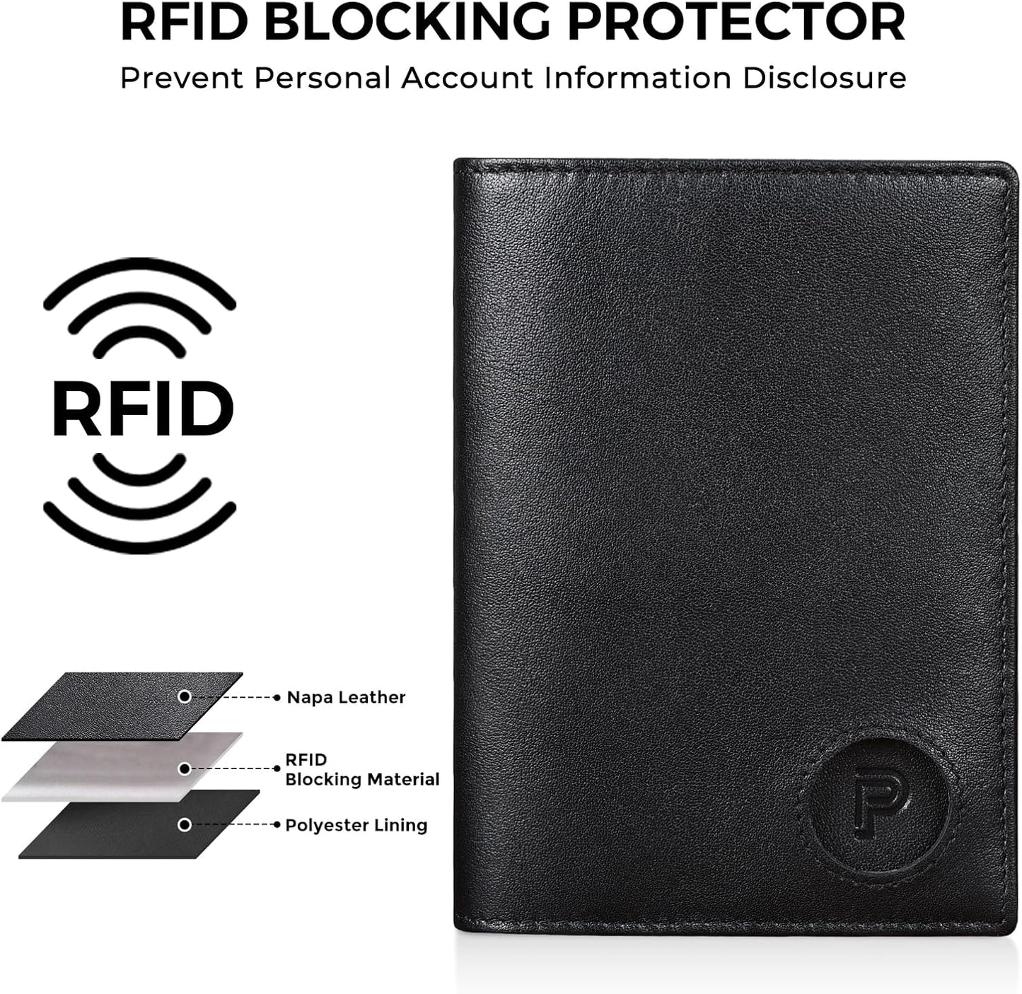Polare Slim RFID Blocking Leather Passport Holder Travel Bifold Wallet For Men (Black with AirTag Holder)