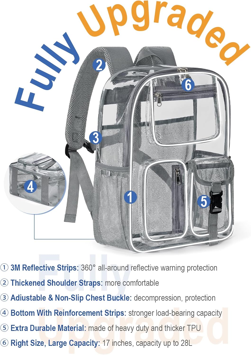Heavy Duty Clear Backpack For School, 17 Inch Large Clear Bookbag For Kids Boys Girls Women Men, 360° 3M Reflective Strips See Through Backpack, Multi-Pockets Tranparent Bag, College Work, Grey