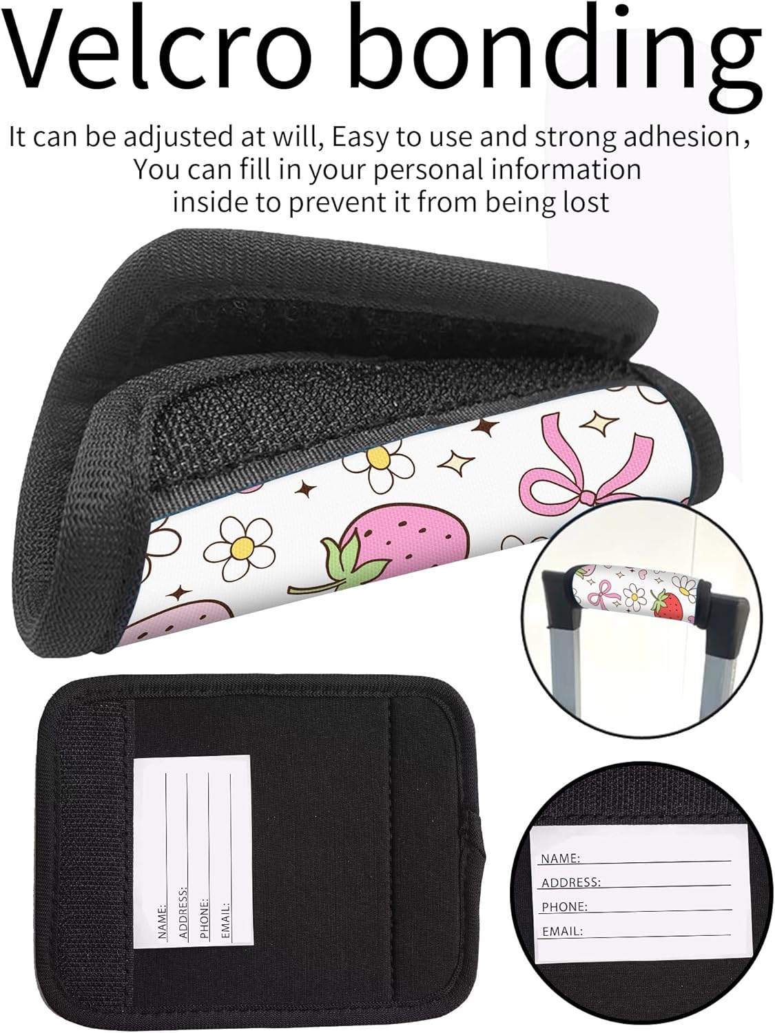 2 Pack Luggage Handle Wrap Travel Tags - Set of Luggage Tags for Suitcases, Identifiers, Marker, and Handle Covers - Cruise Accessories and Travel Gifts（Cute Strawberry Flower Bow