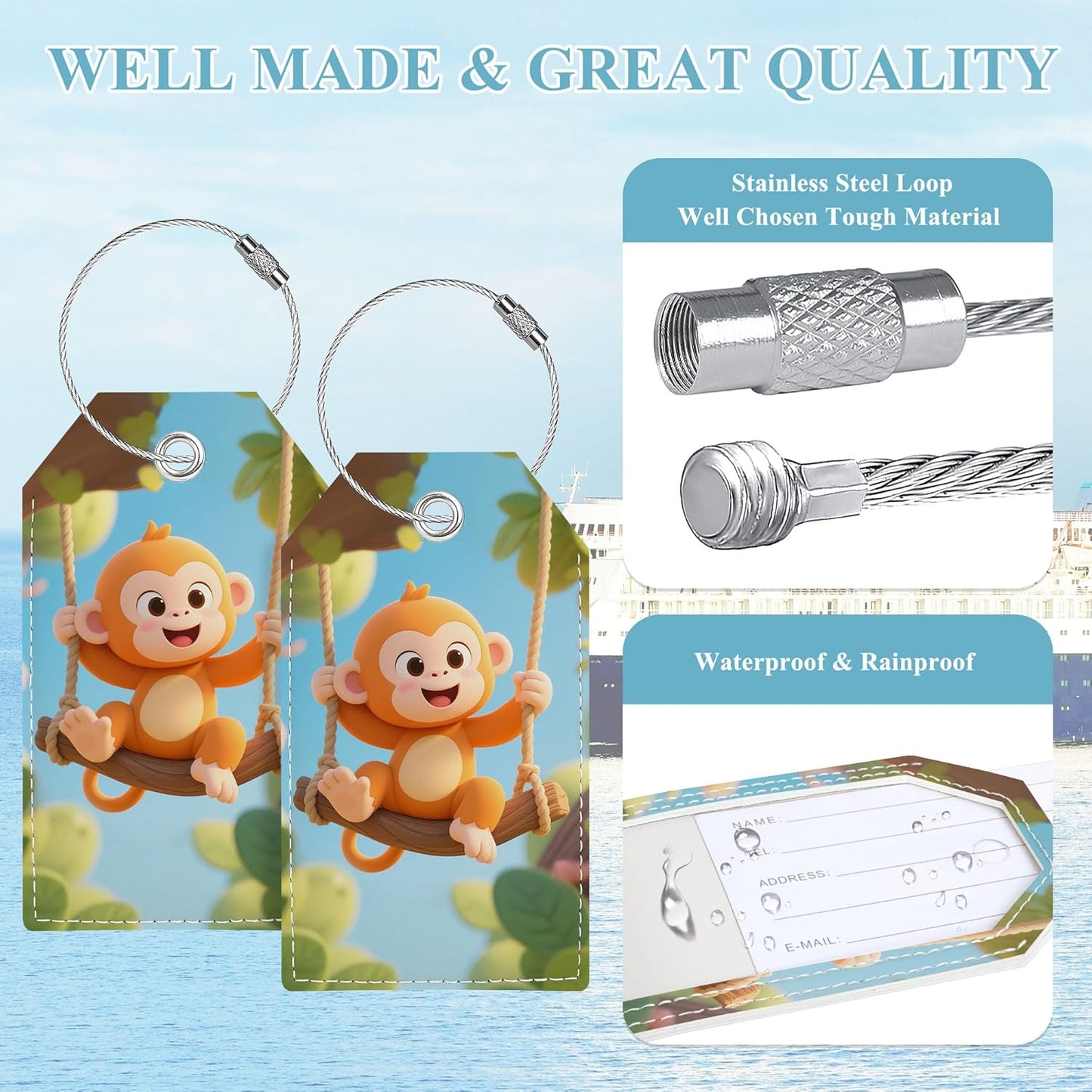 Luggage Tags for Suitcases, Cute Luggage Tag, Personalized Bag Tags for Backpacks Handbag School Instrument with Name ID Label Travel Essentials, Unique Fun Baggage Tags 2 Pack, Monkey