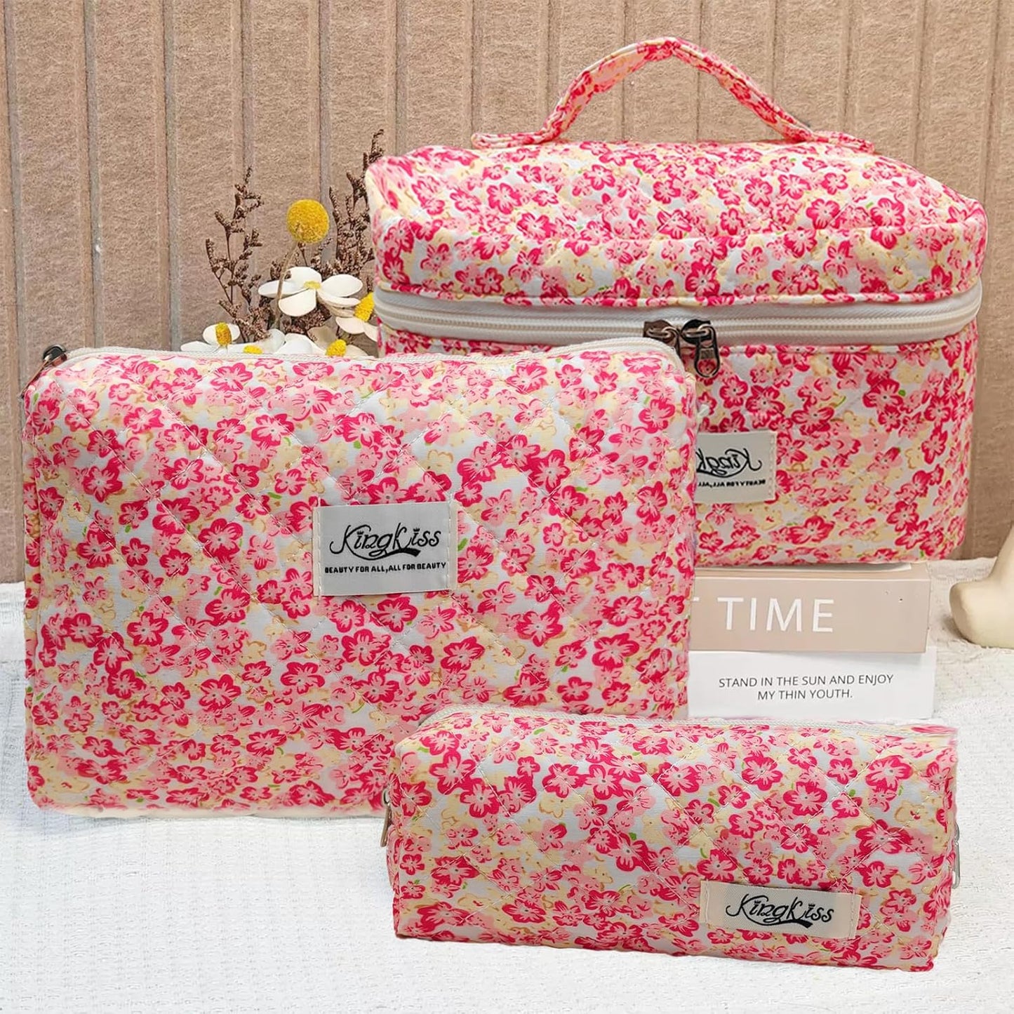 Quilted Makeup Bag, Large Capacity Travel Cosmetic Bag for Women and Girls, Aesthetic Storage for Daily and Travel Use (3pcs-Red Flowers)