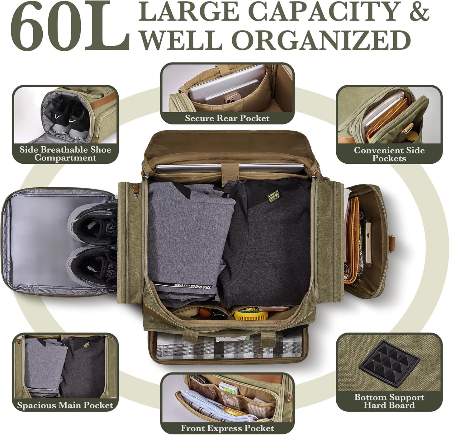 SHOWKOO Duffle Bag for Travel 60L Expandable Canvas Travel Bag Durable Vintage Weekender Overnight