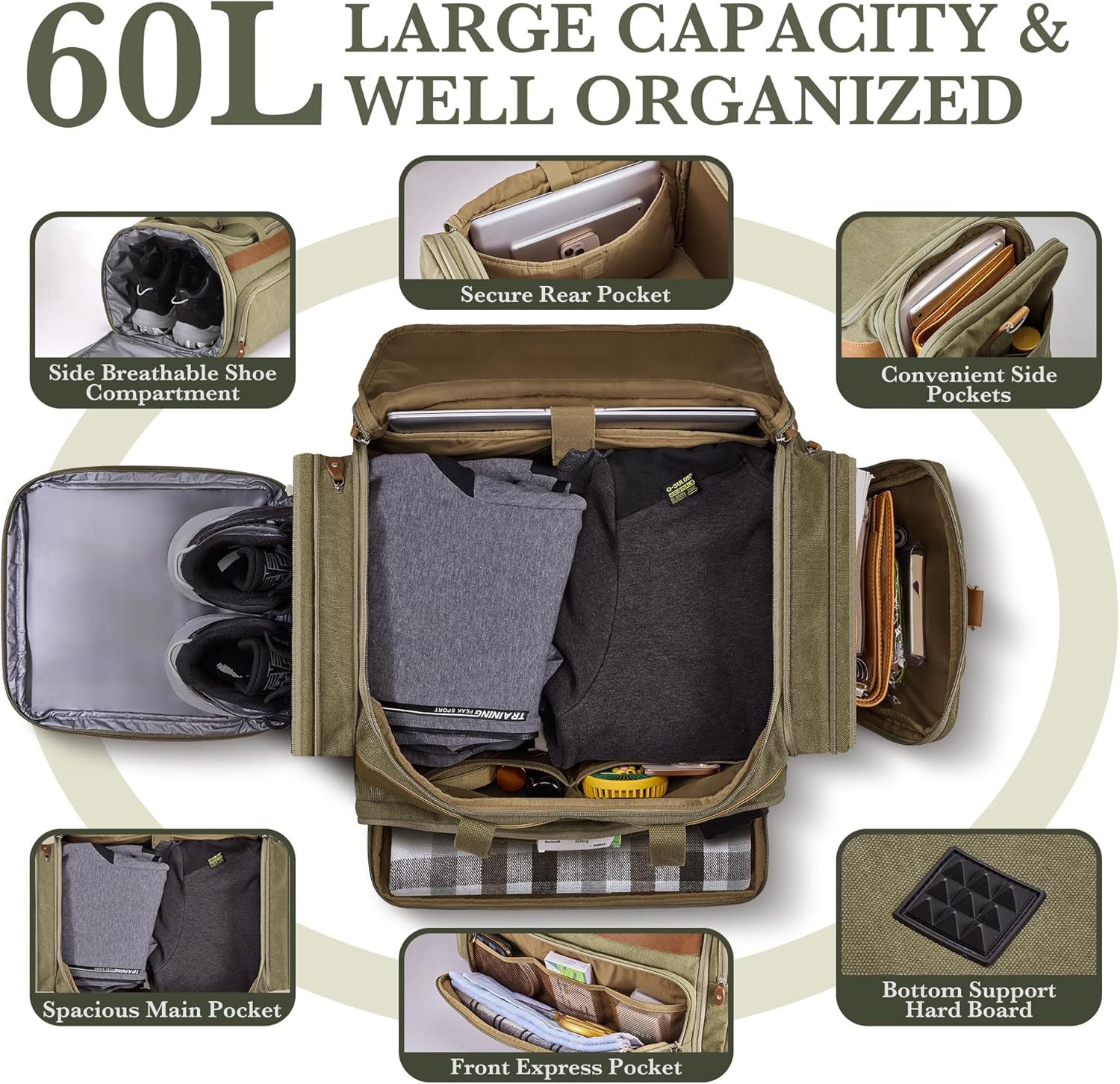 SHOWKOO Duffle Bag for Travel 60L Expandable Canvas Travel Bag Durable Vintage Weekender Overnight