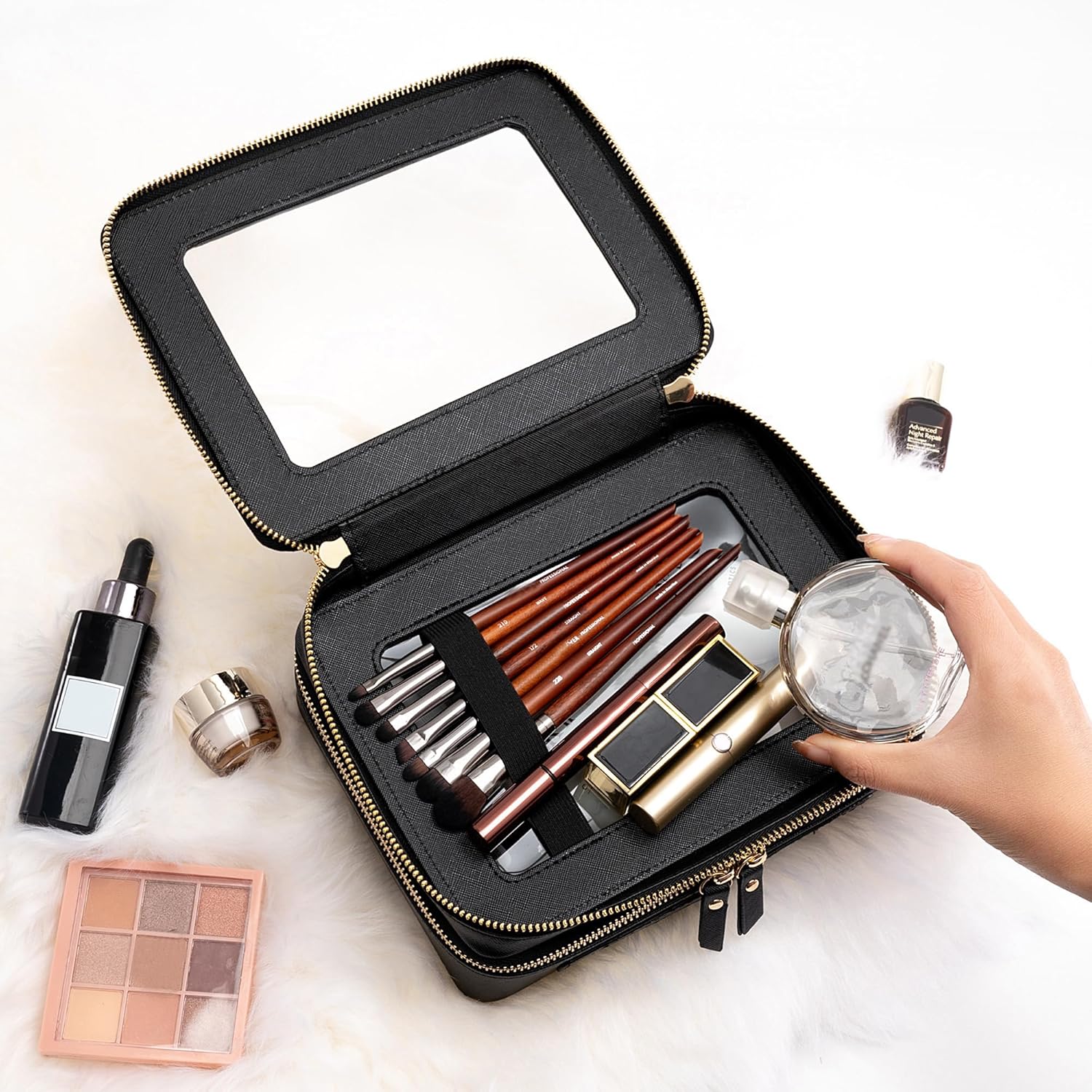 Aveniee Clear Makeup Bags,Double Layer Cosmetic Bags with Separate Brush Compartment,Large Travel