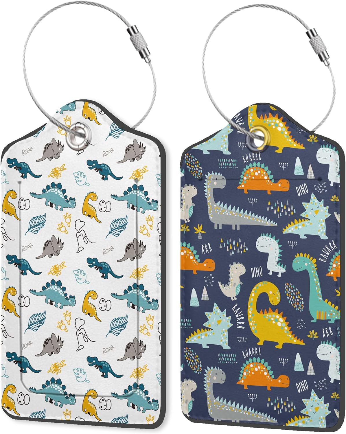 Cute Funny Dinosaurs and Eggs 2 Pack PU Leather Luggage Tags with Stainless Steel Loop, Colorful Dinosaurs Travel Labels with Privacy Cover ID Label for Quick Spotting