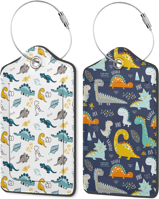 Cute Funny Dinosaurs and Eggs 2 Pack PU Leather Luggage Tags with Stainless Steel Loop, Colorful Dinosaurs Travel Labels with Privacy Cover ID Label for Quick Spotting