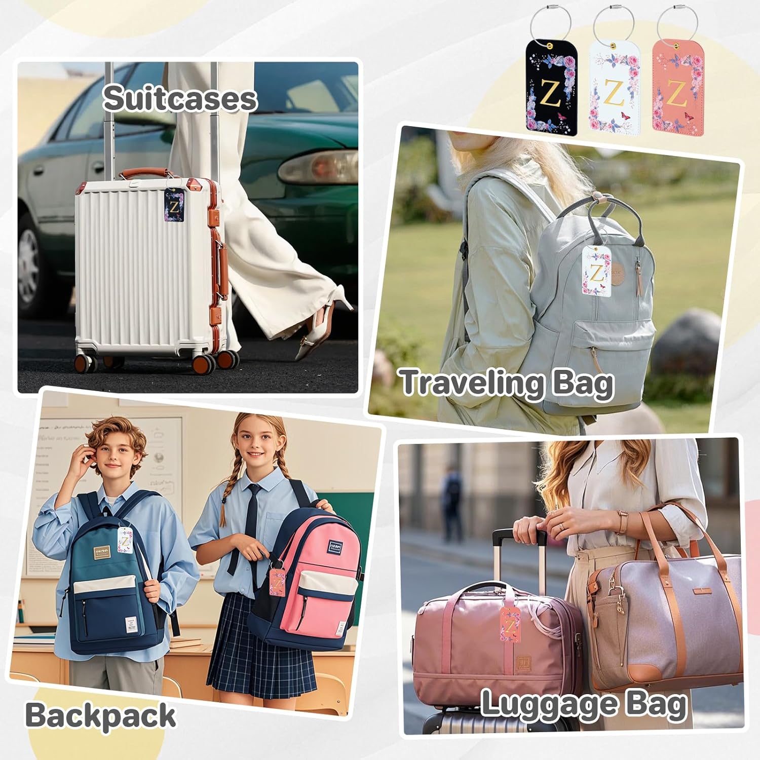 3 Pack Luxury Floral Luggage Tags, Durable PU Leather Suitcase Tags with Stainless Steel Cable