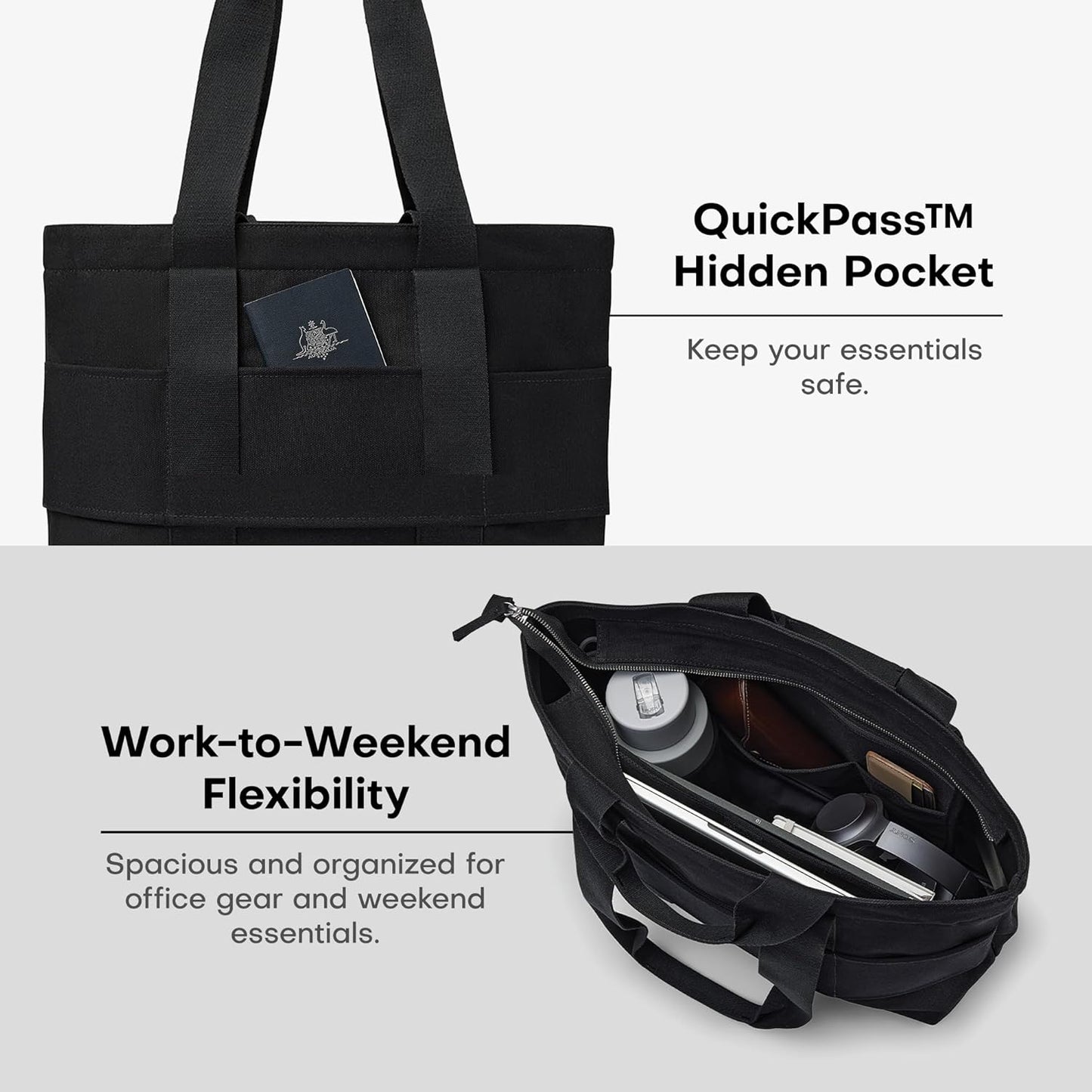Everyday Large Tote Bag for Women with Laptop Sleeve, Pass-Through Band, Luggage Sleeve, Drink Bottle Holder, Simple Modern Tote Bag for Travel, Work, Commute & Daily Use - 22L - Black