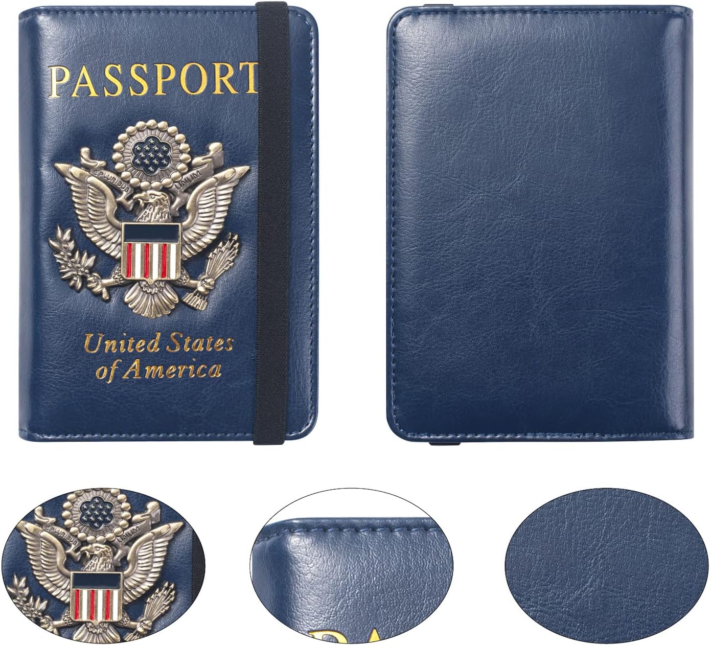 Passport Holder for Travel Men Women, RFID Blocking Passport Cover Leather Passport Wallet With 3D Metal Badge Waterproof Passport Case Travel Wallets Accessories Document Organizer (Navy Blue)