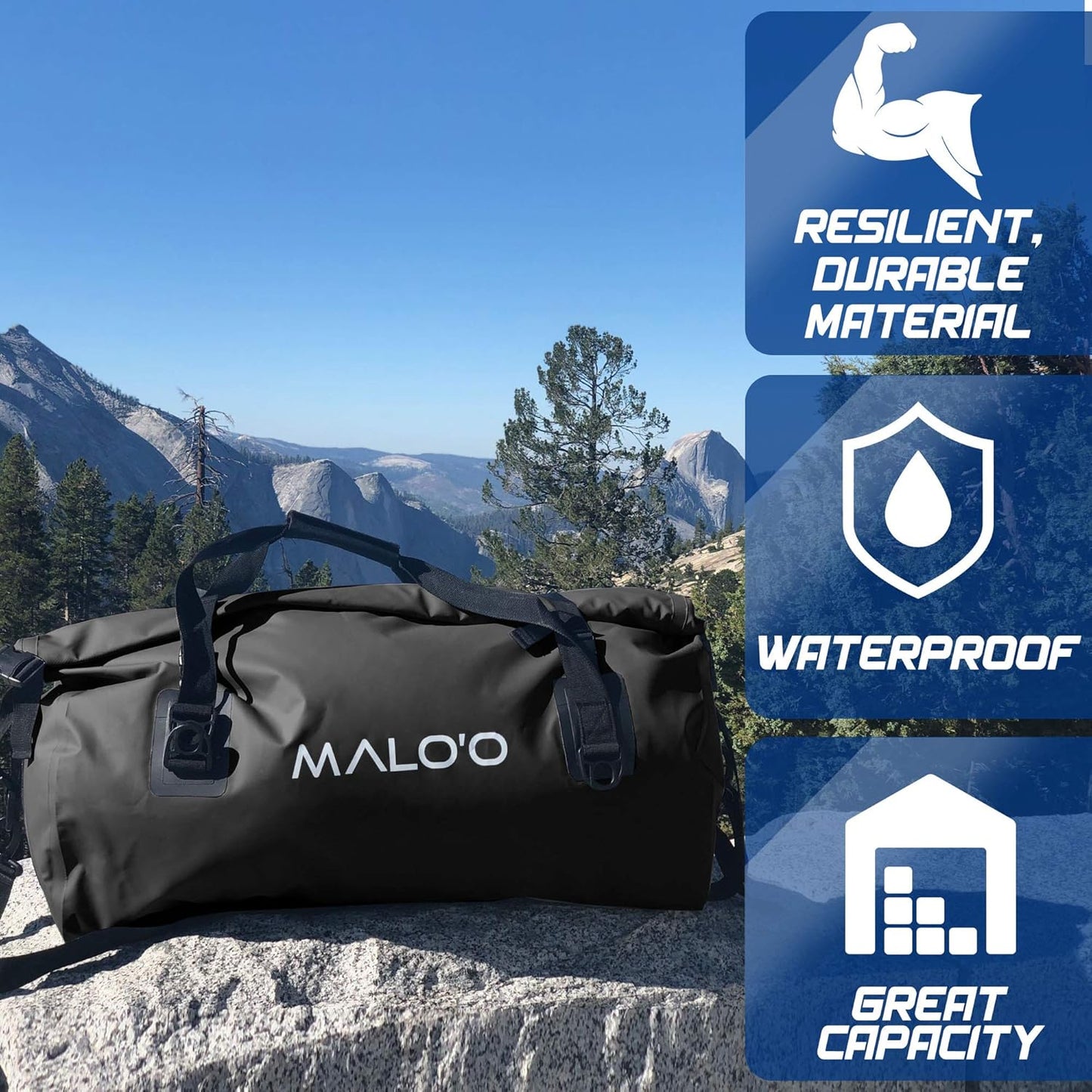 Malo’o Waterproof Dry Duffel, Heavy-Duty Roll Top Waterproof Gear Bag with Shoulder Strap & Molle Loops, Marine Duffel for Kayaking, Boating, Camping, Beach & Travel, Black, 60L