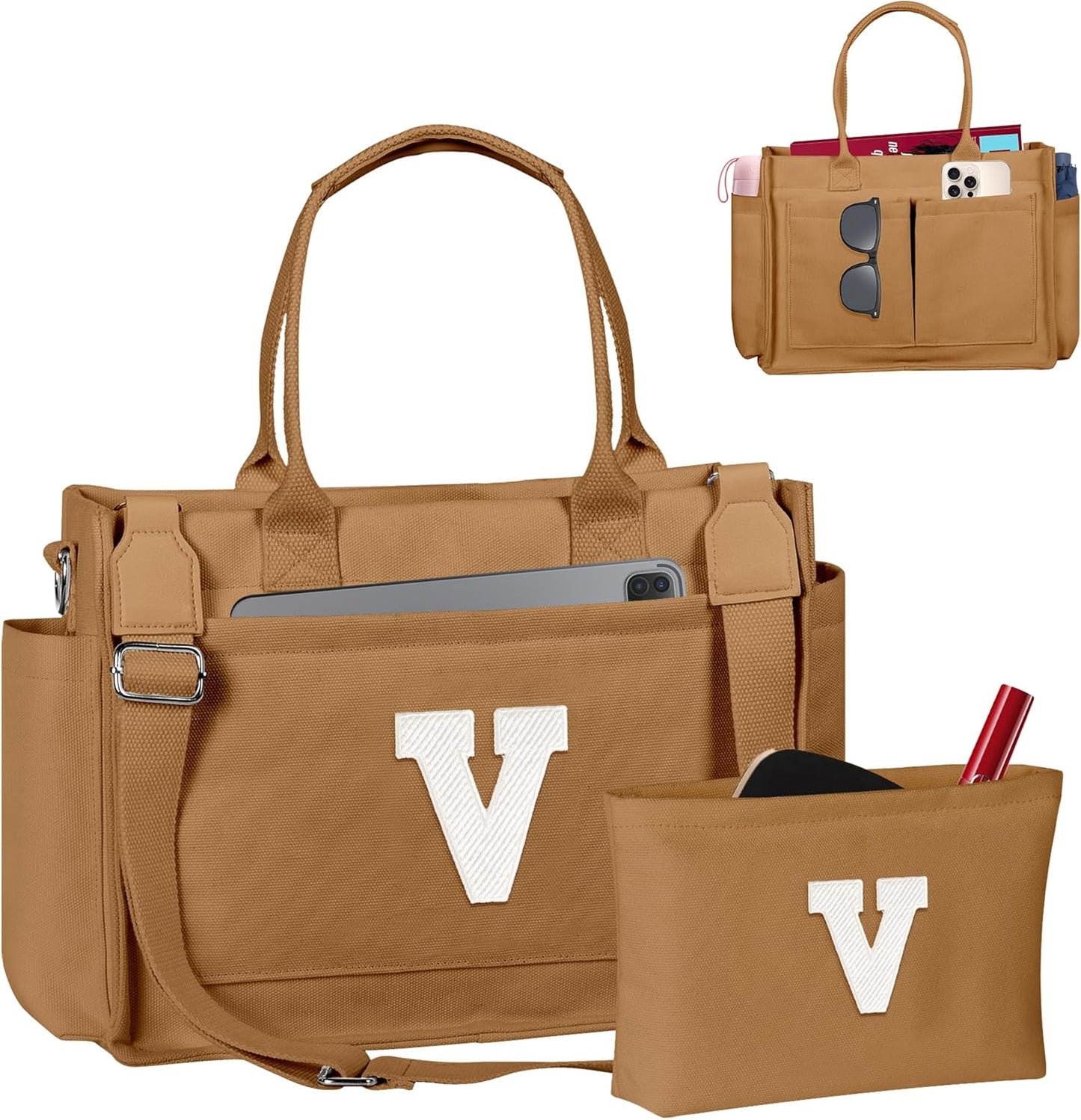 Gifts for Women Teen Girls, Initial Tote Bag with Zipper, Letter Canvas Tote Purse for College Work Laptop Beach