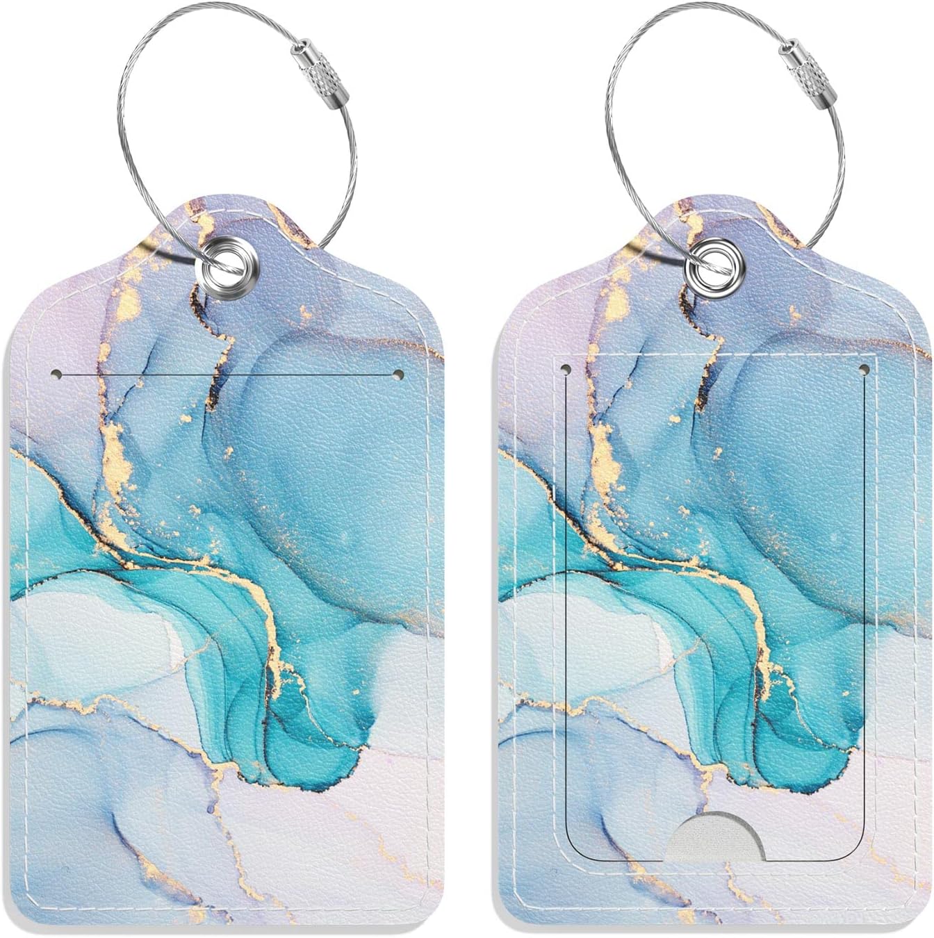 Luggage Tags for Suitcase, 2 Pack PU Leather Travel Cruise Luggage Tag with Privacy Flap, Name ID Label and Metal Loop for Women Men Suitcase Baggage Bag Backpack Instrument, Teal Blue Marble